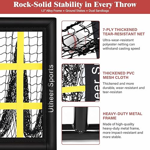 Miniatura 2 de Utheer Red de lanzamiento con zona de huelga de 9 hoyos, red de lanzamiento de béisbol de altura ajustable para lanzar, equipo de entrenamiento Red