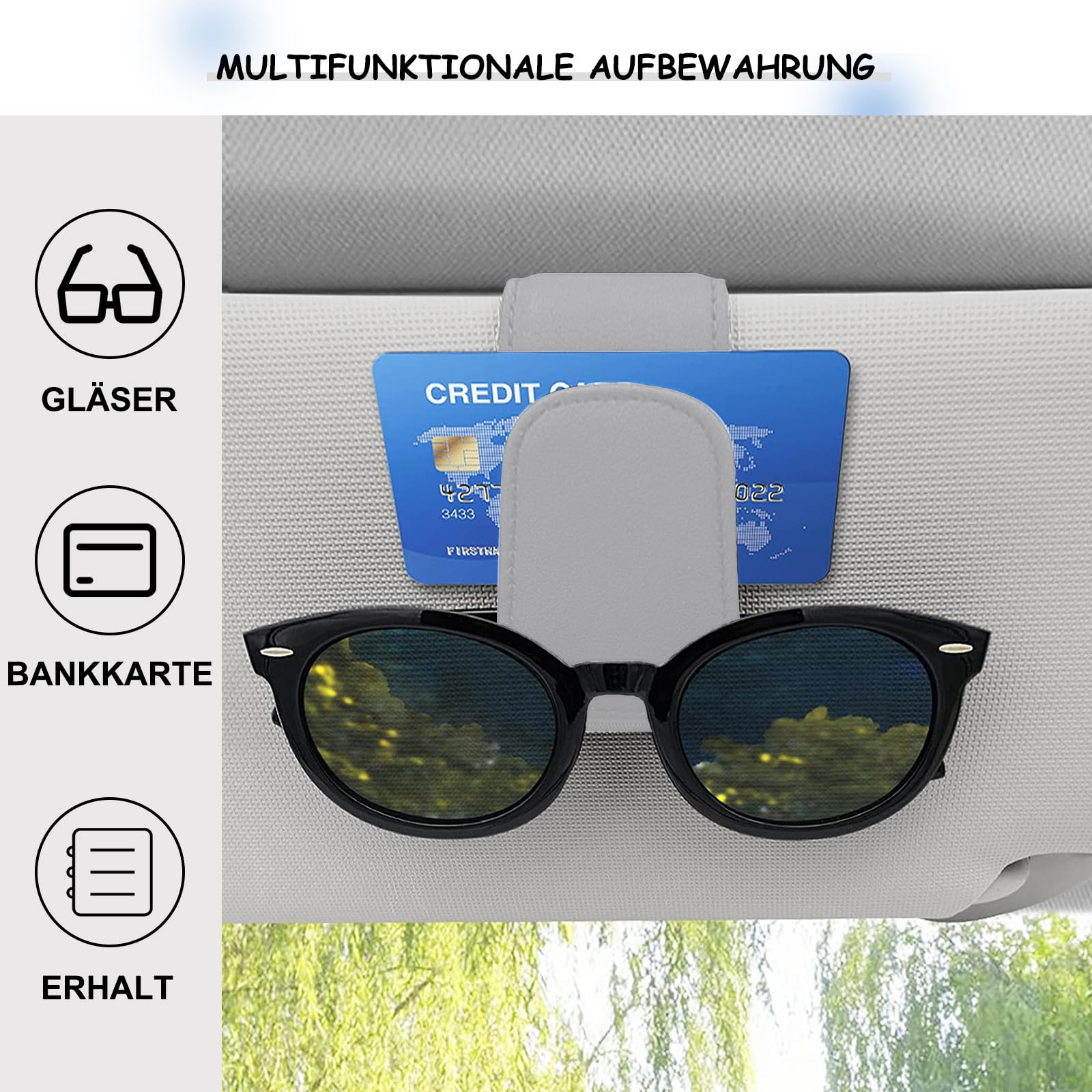 Porta Occhiali Auto Universale In Pelle PU - Per Visiera, Con Fessure Per Carte E Penne, Nero - Foto 2