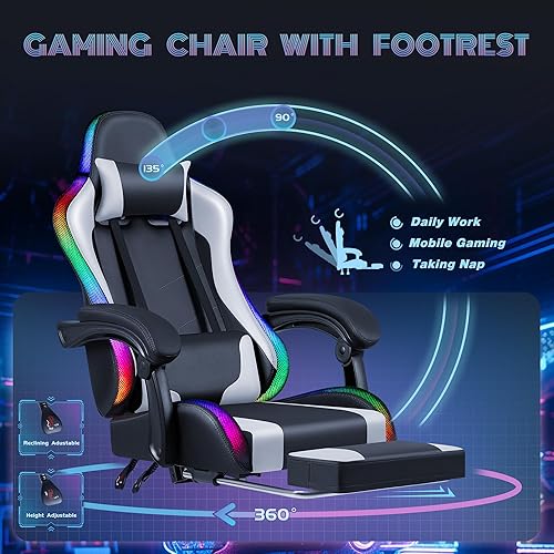 Miniatura 6 de Furmax Silla de juegos con luces LED RGB, silla de videojuegos con reposapiés y soporte lumbar de masaje, silla reclinable de respaldo alto con