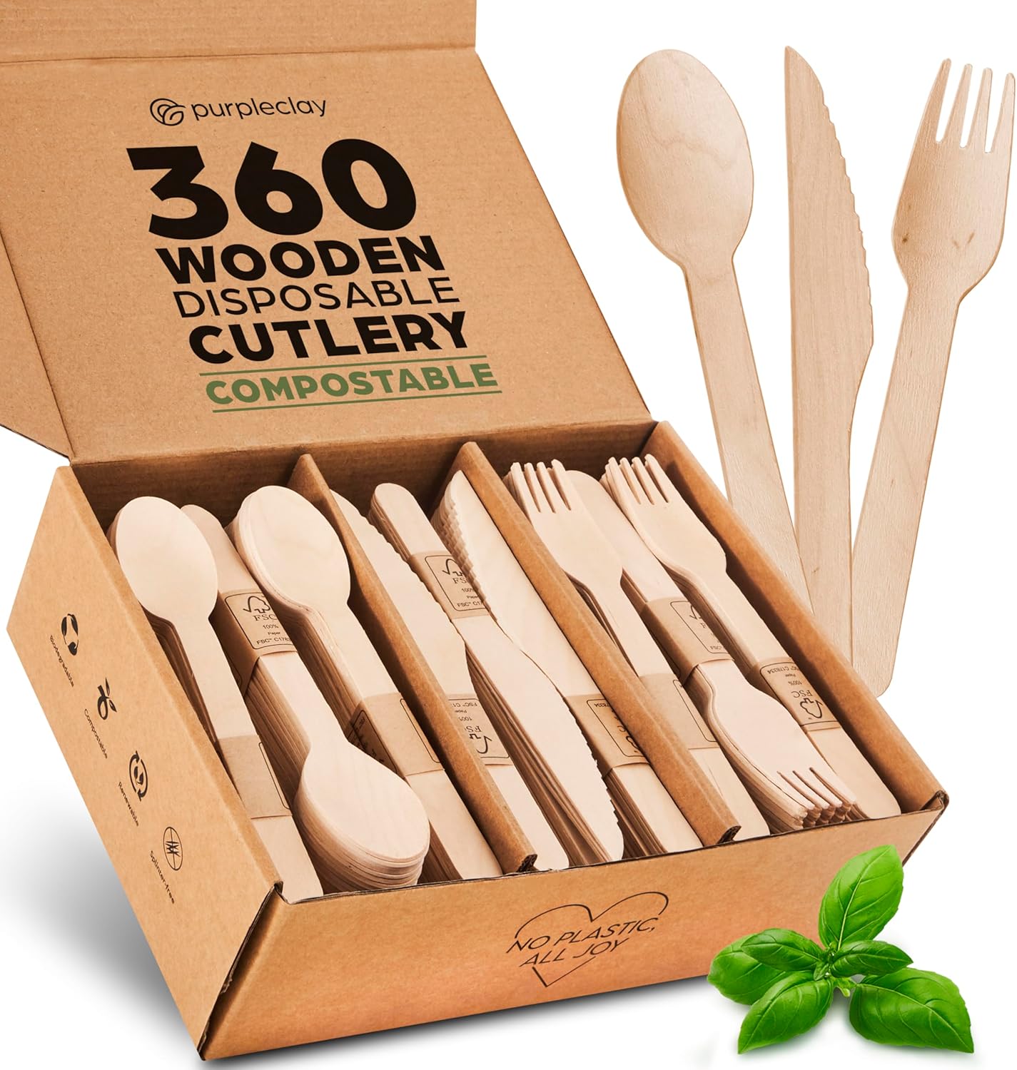 Wooden Compostable Utensils Set – 360 Pieces (120 Forks 120 Spoons 120 Knives) Sturdy Wood Disposable Cutlery – Eco-Friendly Biodegradable Utensils for Party – Free From Plastic Cutlery Set for Eating