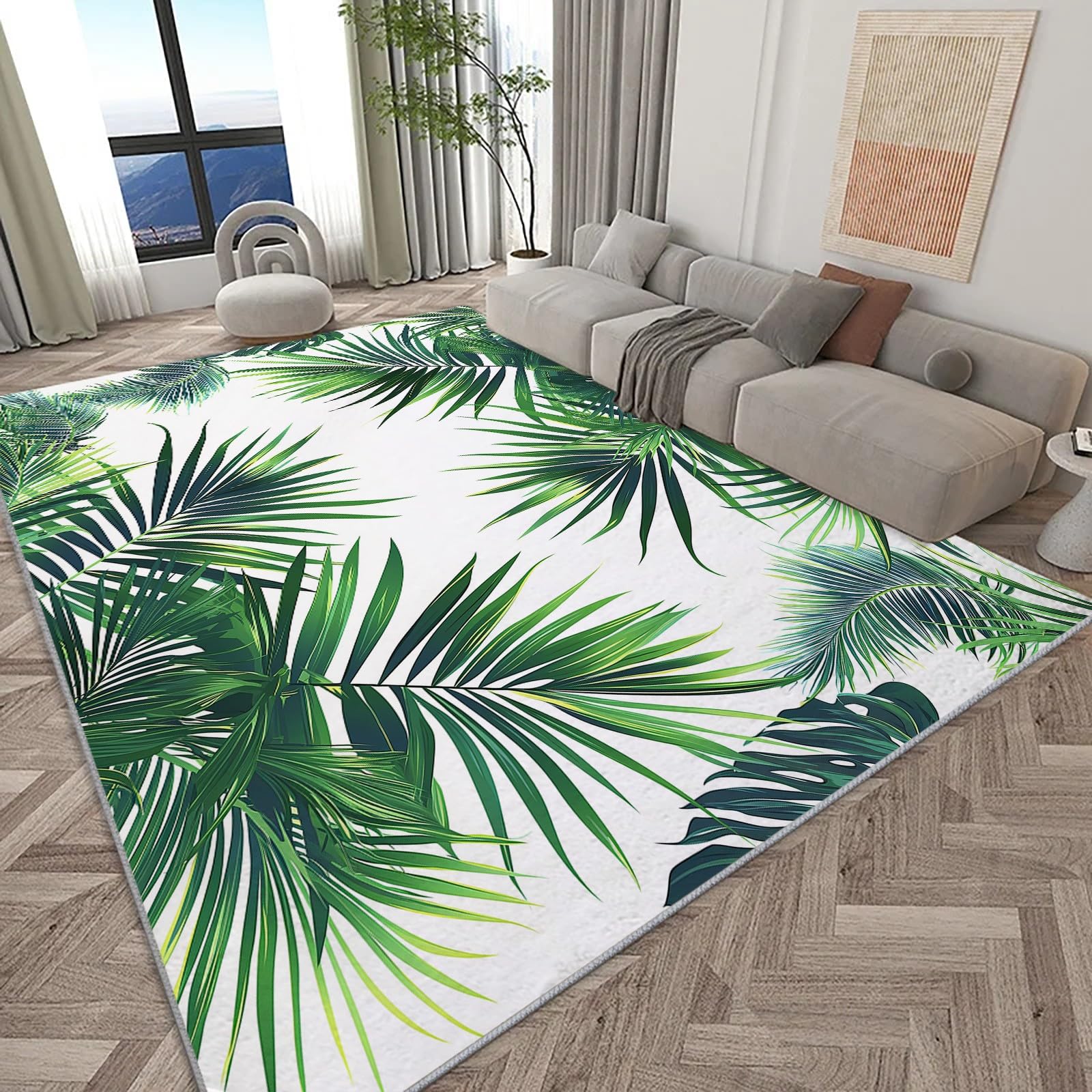 Tapis Salon Chambre Feuilles De Palmier Vertes 140x200cm Doux Antidérapant Tapis Intérieur, Lavable en Machine, pour Chambre Adulte Salle à Manger Cuisine Bureau
