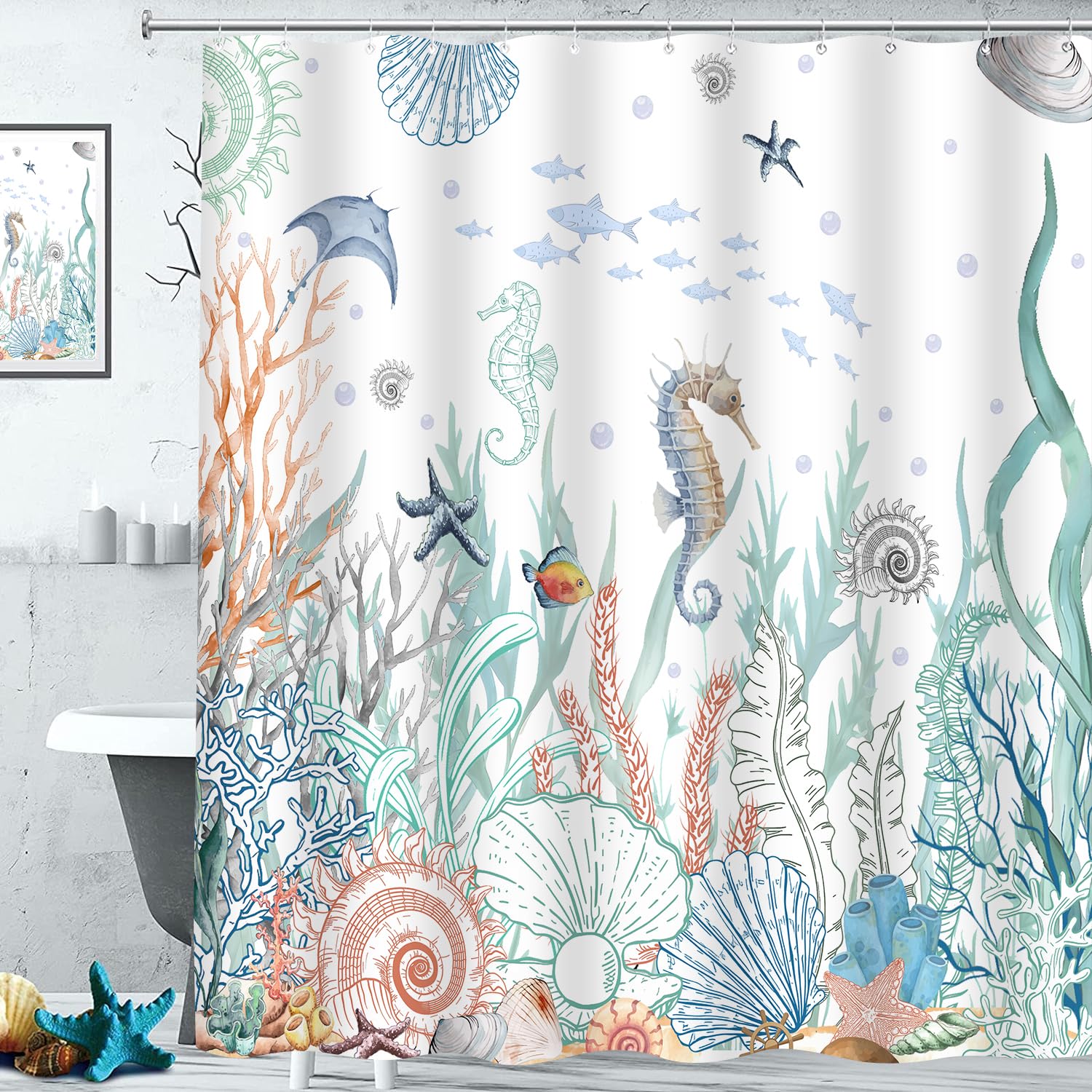 PAEOT Nautical Coastal Shower Curtain Teal Ocean Coral Starfish Seashell Decorative Bathroom Curtain 72x72Inch Washable Polyester Fabric Underwater