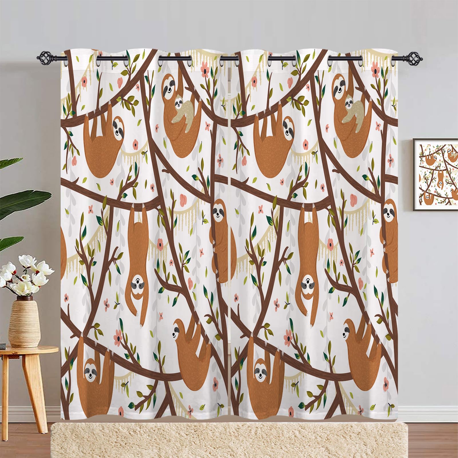 ANHOPE Sloth Curtains Eyelet 80% Blackout Room Darkening Curtains Cute Jungle Animal Sloth Print Pattern Thermal Light Blocking Window Drapes for Kids Bedroom Living Room 55 x 90 Inch Drop 2 Panels