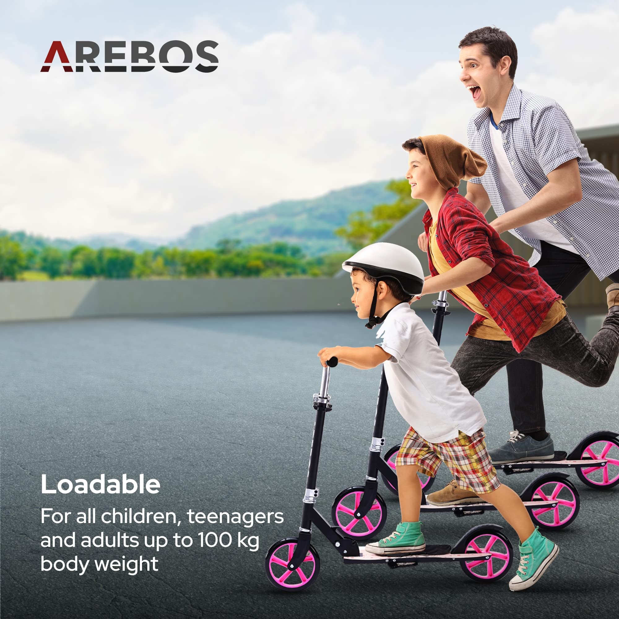 Arebos Patinete | ruedas XXL | correa de transporte | superficie antideslizante | altura ajustable | freno de pedal | máx. 100 kg