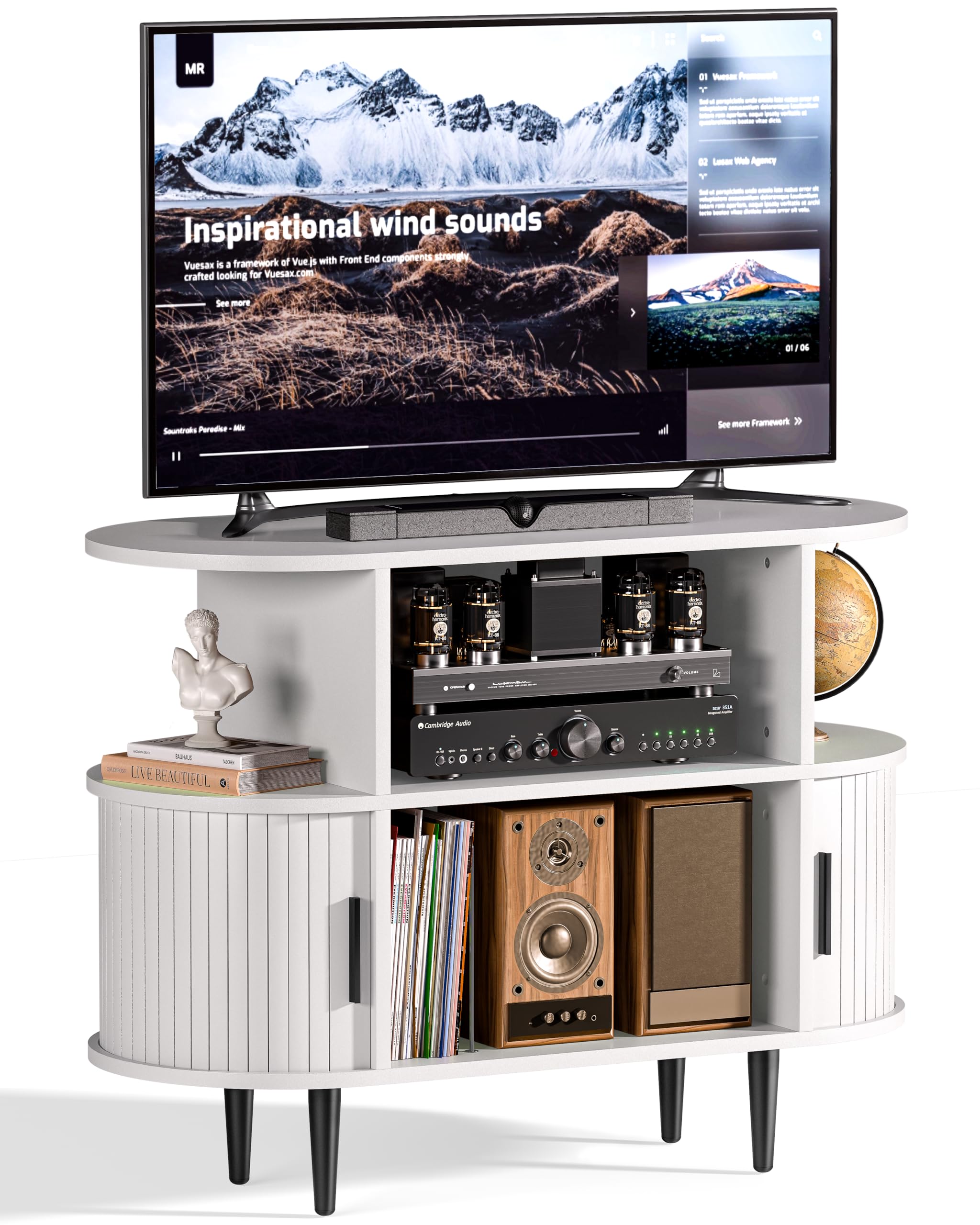 35.4" Fluted Small TV Stand, Mid Century Modern TV Stands for Bedroom, TV Entertainment Center with Storage for TVs, Media Console Cabinet with Sliding Doors for Bedroom, Living Room, (White)