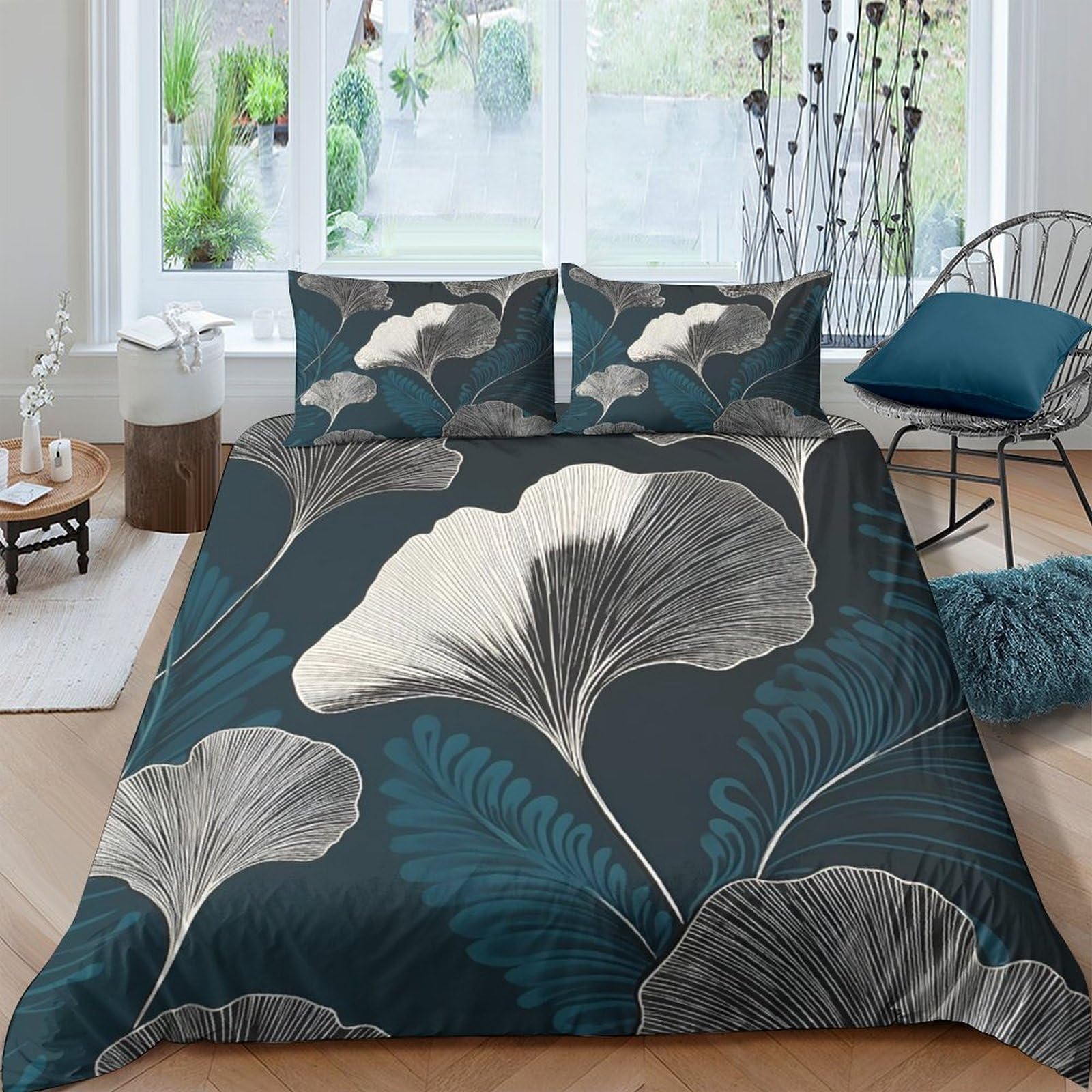Ctjqhvkz Style-7 3D Printed Ginkgo Leaf Fitted Sheet Microfiber Soft Botanical Blue Grey Mattress Cover For Bedroom Guest Room Decor Single（135X200cm）