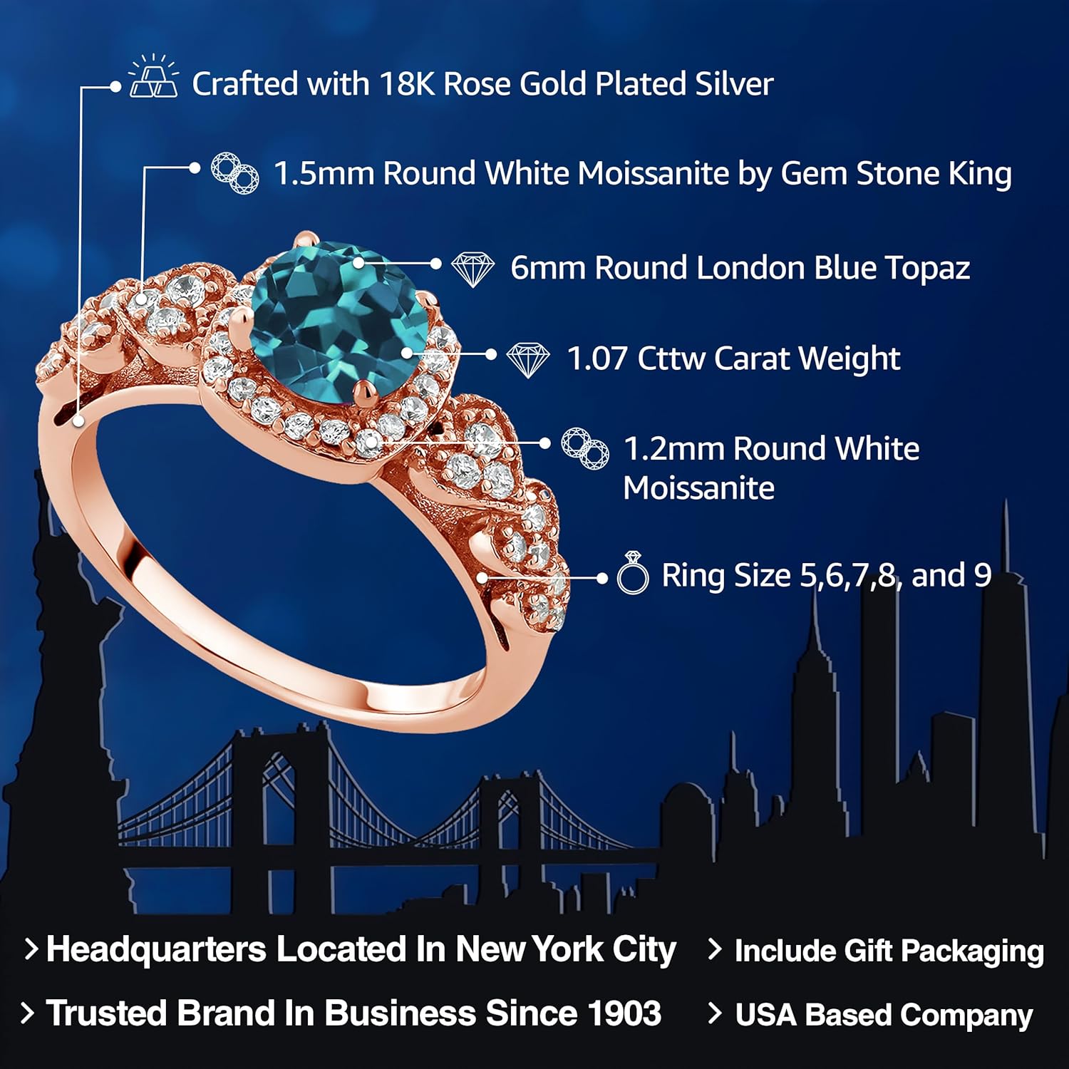 Gem Stone King 18K Rose Gold Plated Silver Gemstone Birthstone Engagement Ring For Women | 6MM Round Cut | Wedding Anniversary Promise Ring | Available In Size 5, 6, 7, 8, 9 - Image 2