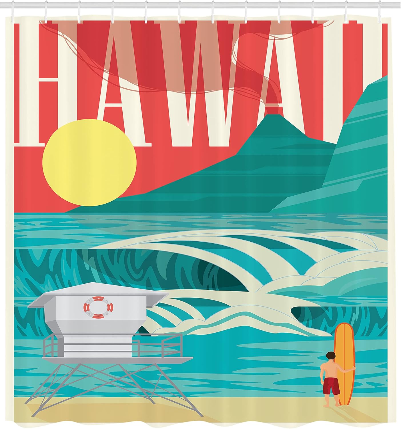 Ambesonne Hawaiian Shower Curtain, Hawaii Sandy Coastline Sunny Day Surfboard Tropics Famous Honeymoon Destination, Cloth Fabric Bathroom Decor Set with Hooks, 69" W x 84" L, Sand Teal 69" W x 84" L Sand Teal