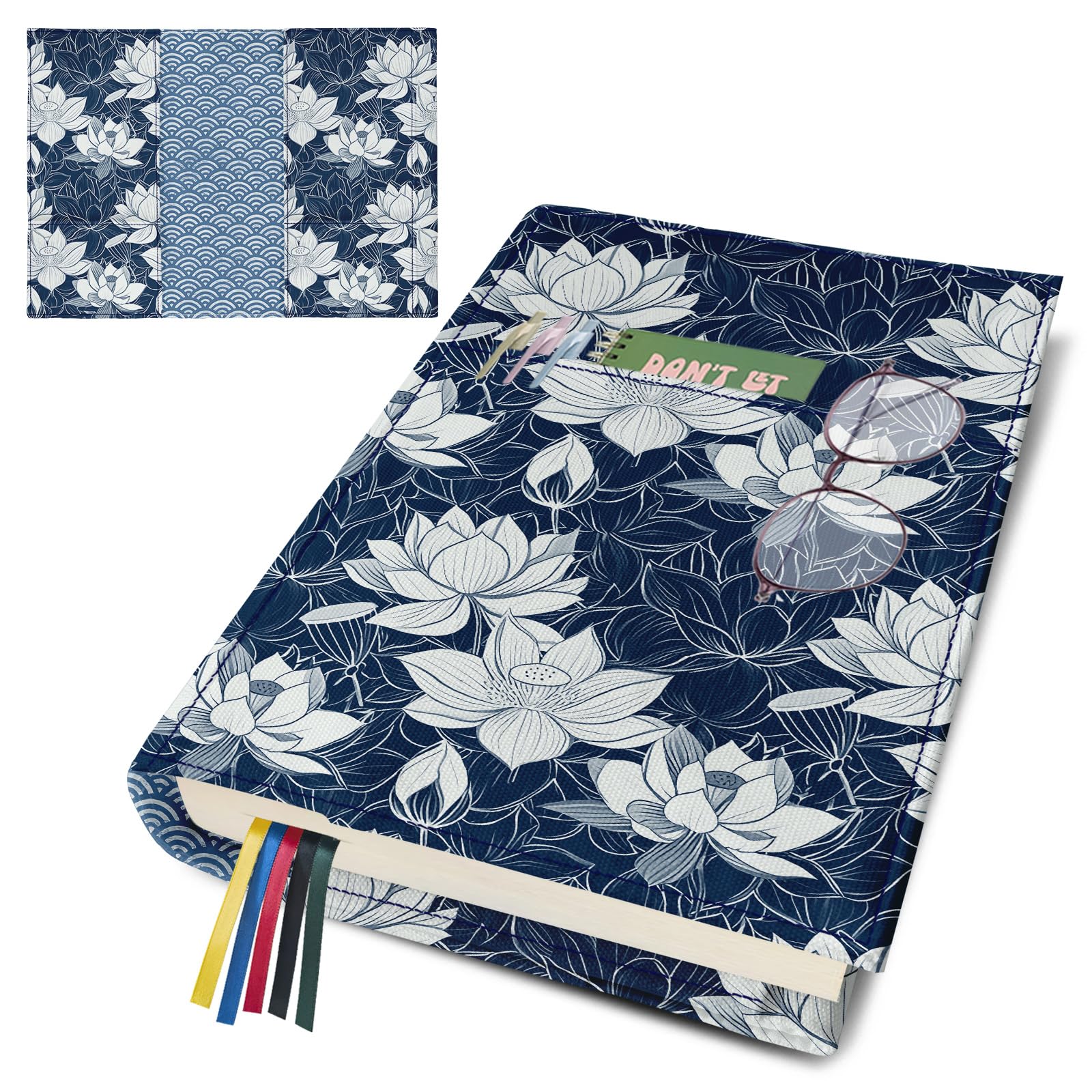 bolimoss Lotus Flower Book Sleeve for Paperbacks, Reusable Washable Cute Book Cover Protector with Front Pocket Bookmark, Adjustable Soft Canvas Fabric Book Covers,Gifts for Women Book Lovers (Blue,L)