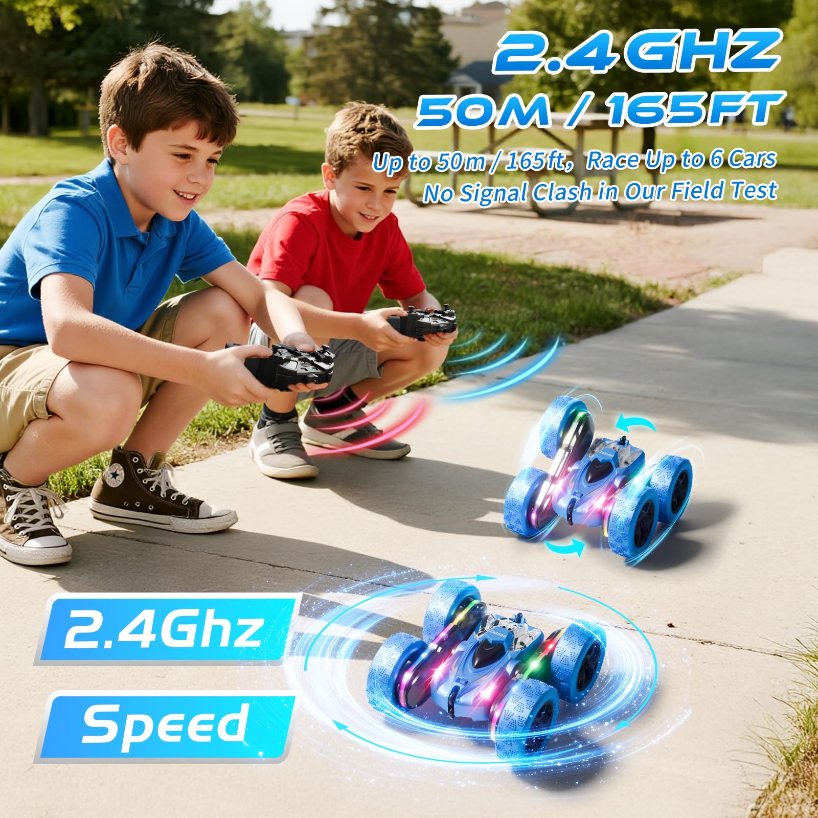Remote Control Stunt Car 4WD 360° Flip Double‑Sided RC Cars, LED Light Bar, USB‑C Modular Battery, 2.4 GHz Outdoor Beach Toy for Boys 6‑12 Years Old, Birthday & Christmas Kids Gift, Blue