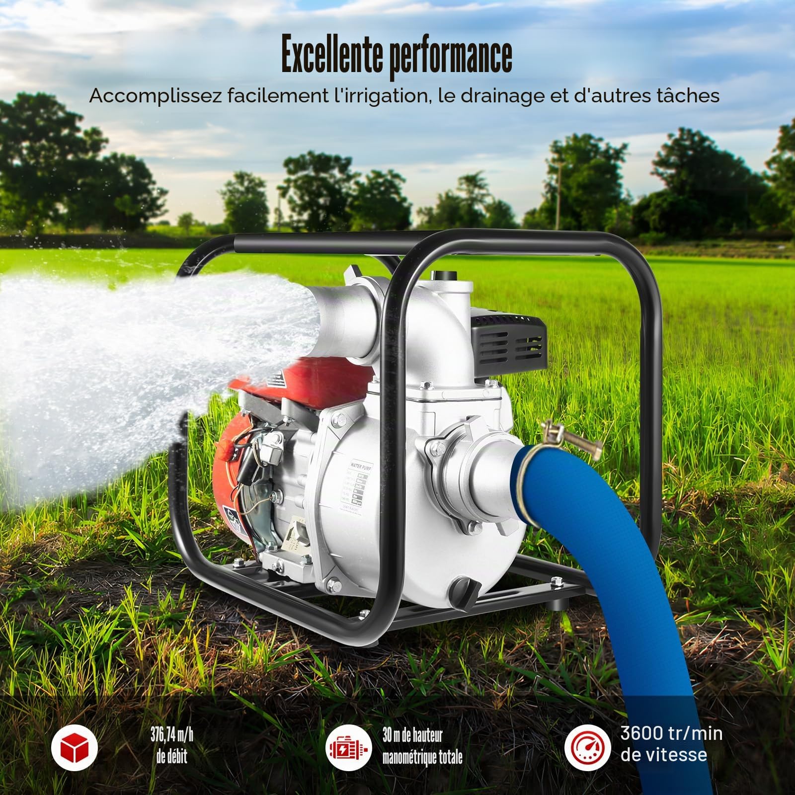 Pompe à eau à essence 35m³/h 7,5CV Pompe à eaux usées à essence | pompe de jardin Haute Efficacité Hauteur de Refoulement 30m, Connexion 80mm, Pour Drainage Irrigation Lavage Arroseur
