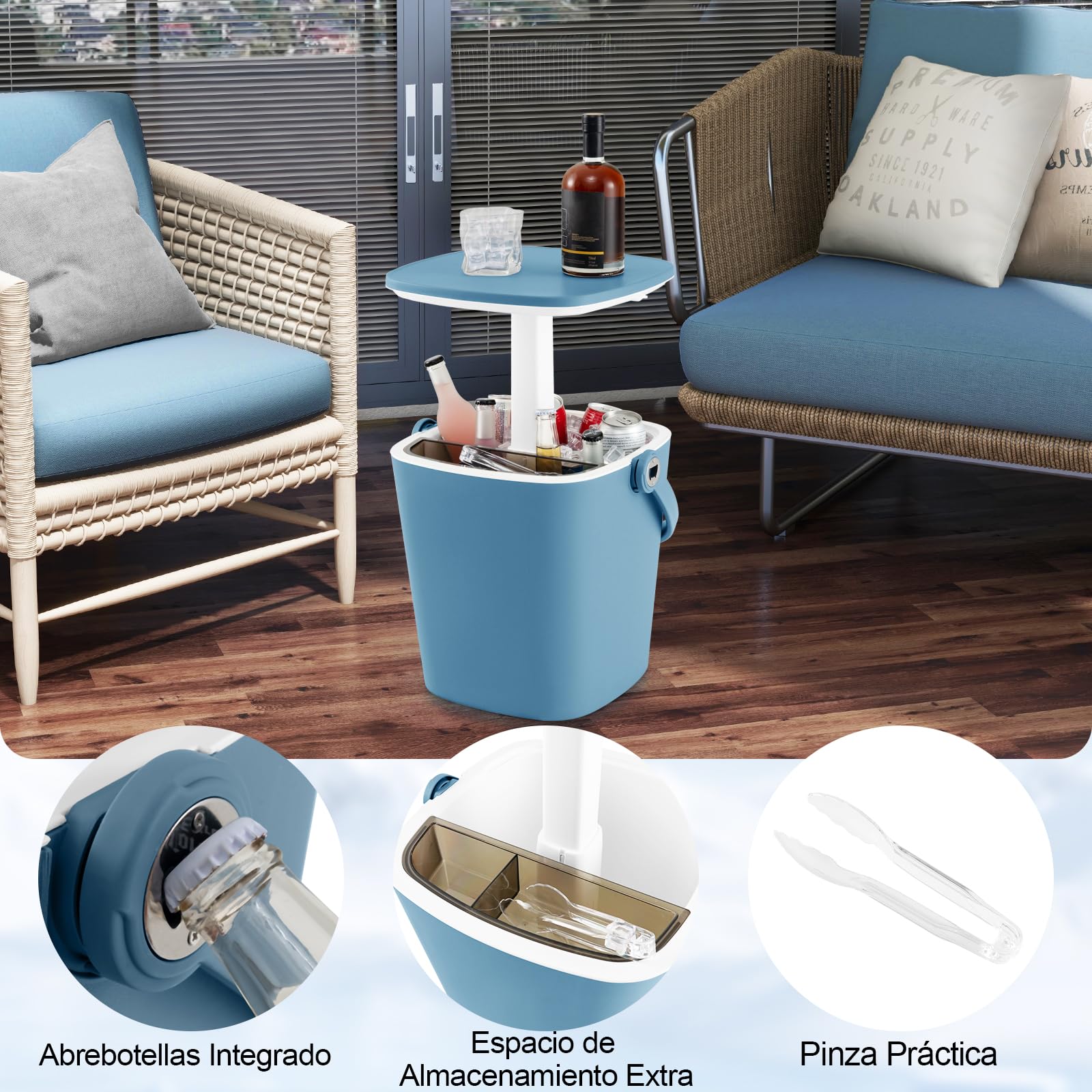 GOPLUS Mesa Nevera Jardín 15 L, Mesa de Cóctel Portátil con Abridor de Botellas y Tapa Elevable, Cool Bar para Picnic Fiesta Camping Patio Terraza Jardin (Azul)