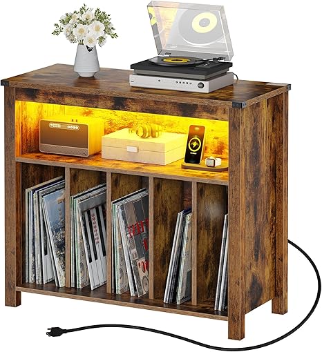 DWVO LED Glow Turntable Stand with Integrated Power Ports & Rotating Display Racks | Modern Album Organizer for Living Room Turntable Setup | Vintage Brown