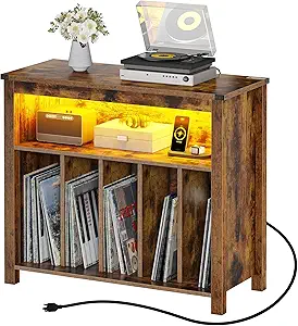 DWVO LED Glow Turntable Stand with Integrated Power Ports & Rotating Display Racks | Modern Album Organizer for Living Room Turntable Setup | Vintage Brown