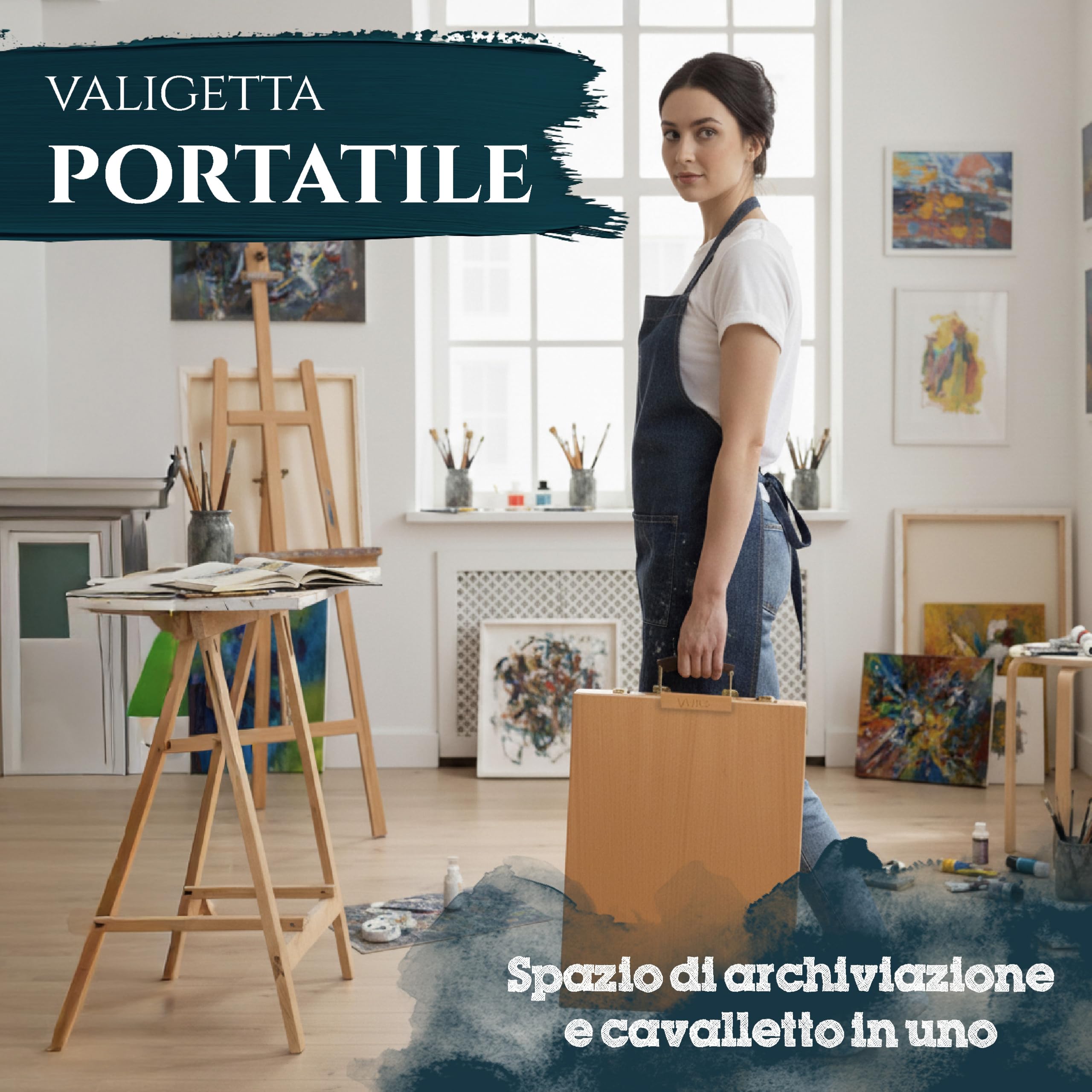Artina Cavalletto professionale per pittura da tavolo con cassetta | a valigetta da studio o da campagna leggío supporto tele portatile e richiudibile integrata telaio regolabile Nancy