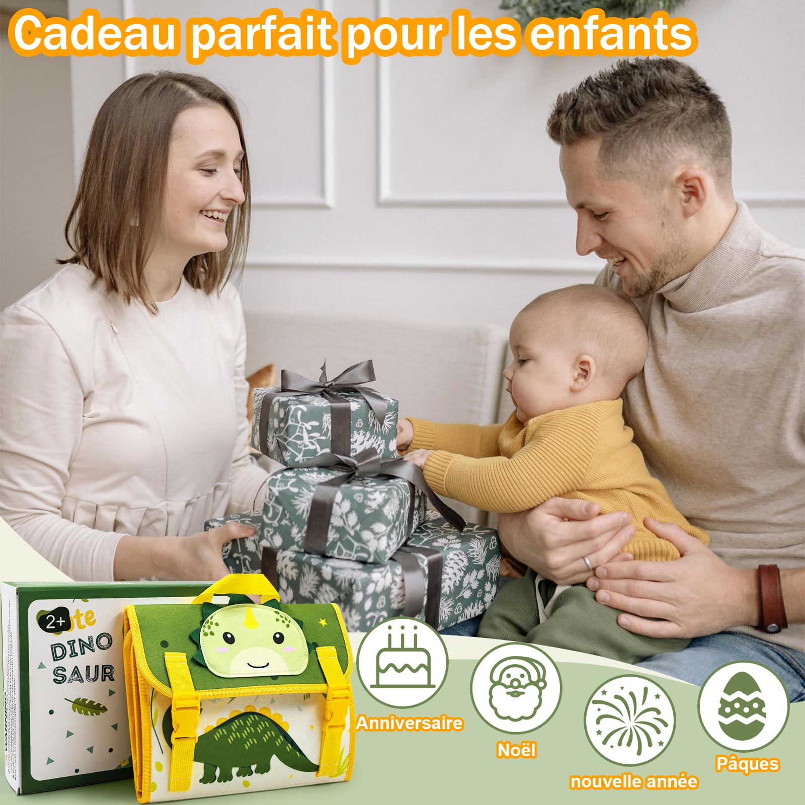 Busy Board dinosauro, giocattolo Montessori per bambini 2, 3, 4, 5 anni, zainetto, per motricità, attività, intrattenimento in auto, per bambini e bambine, 1, 2, 3, 4 anni