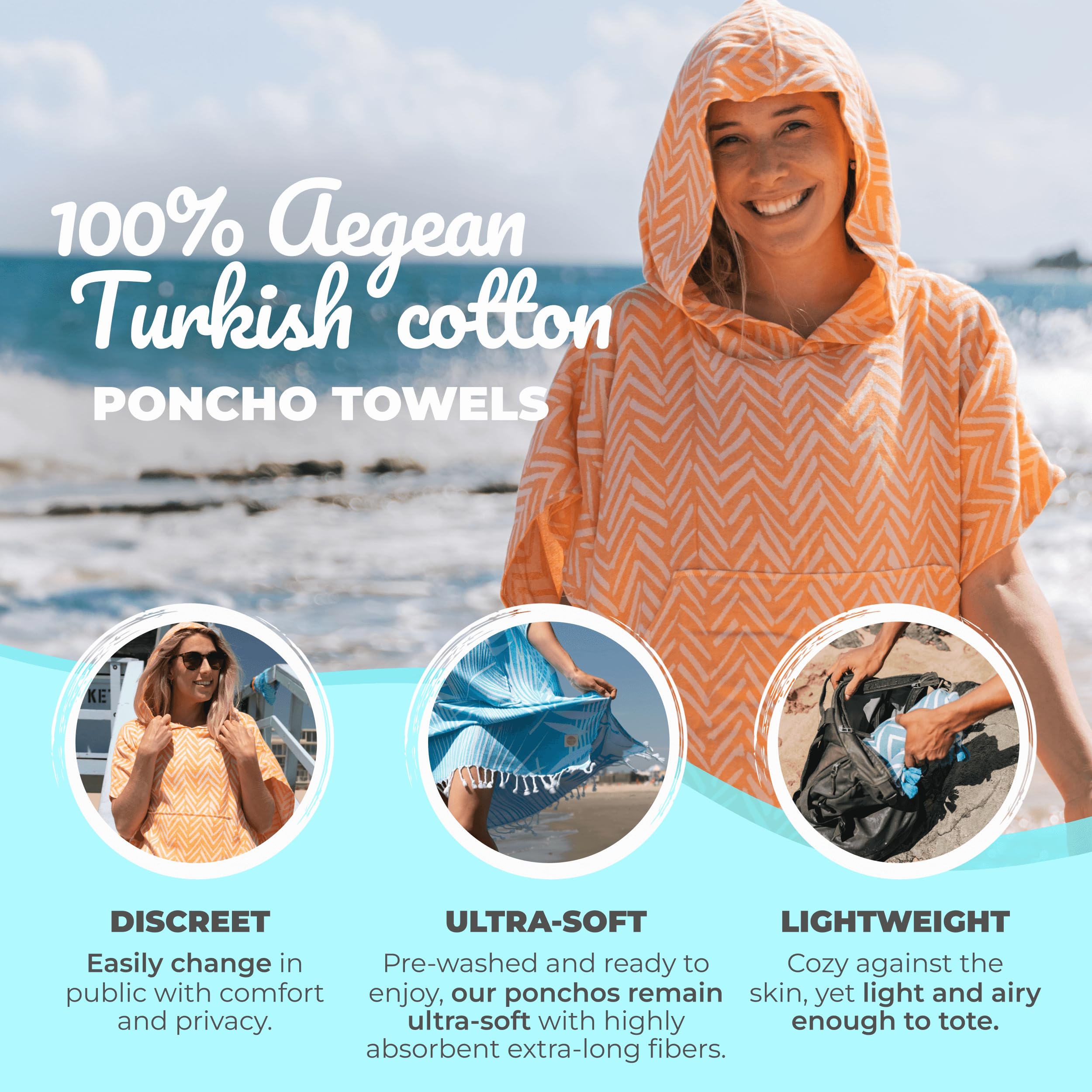 Nova Blue Wickelponcho – Orange Azteken-Handtuch – großes Kapuzenhandtuch für Erwachsene (33 x 37) – 100% türkische Baumwolle, super saugfähig, Poolabdeckung für Strand und Pool