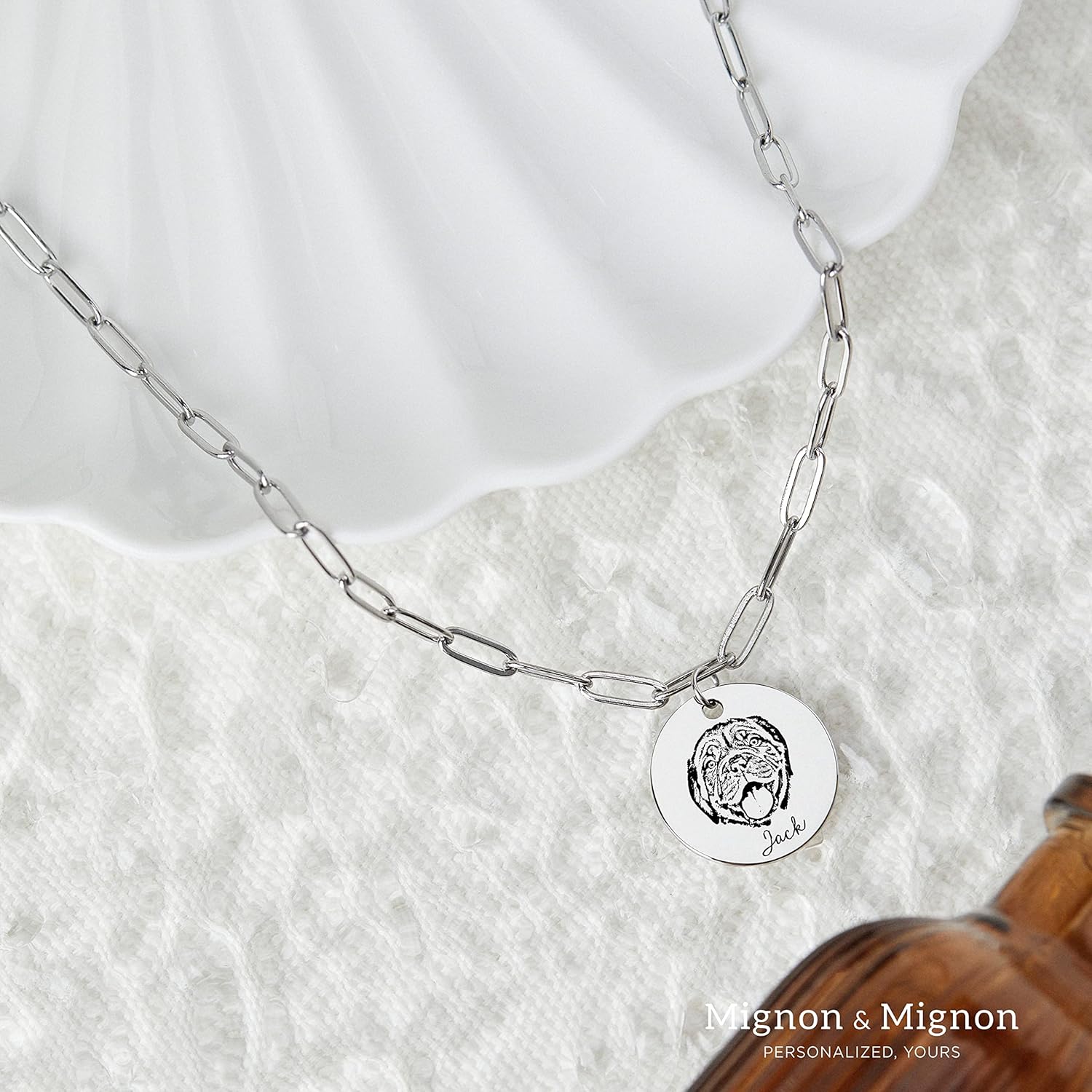 MignonandMignon Pet Portrait Necklace, Custom Engraved Jewelry with Actual Pet Photo, Dog or Cat Memorial Gift for Women, Gift Necklace for Her– P-LCN-AP