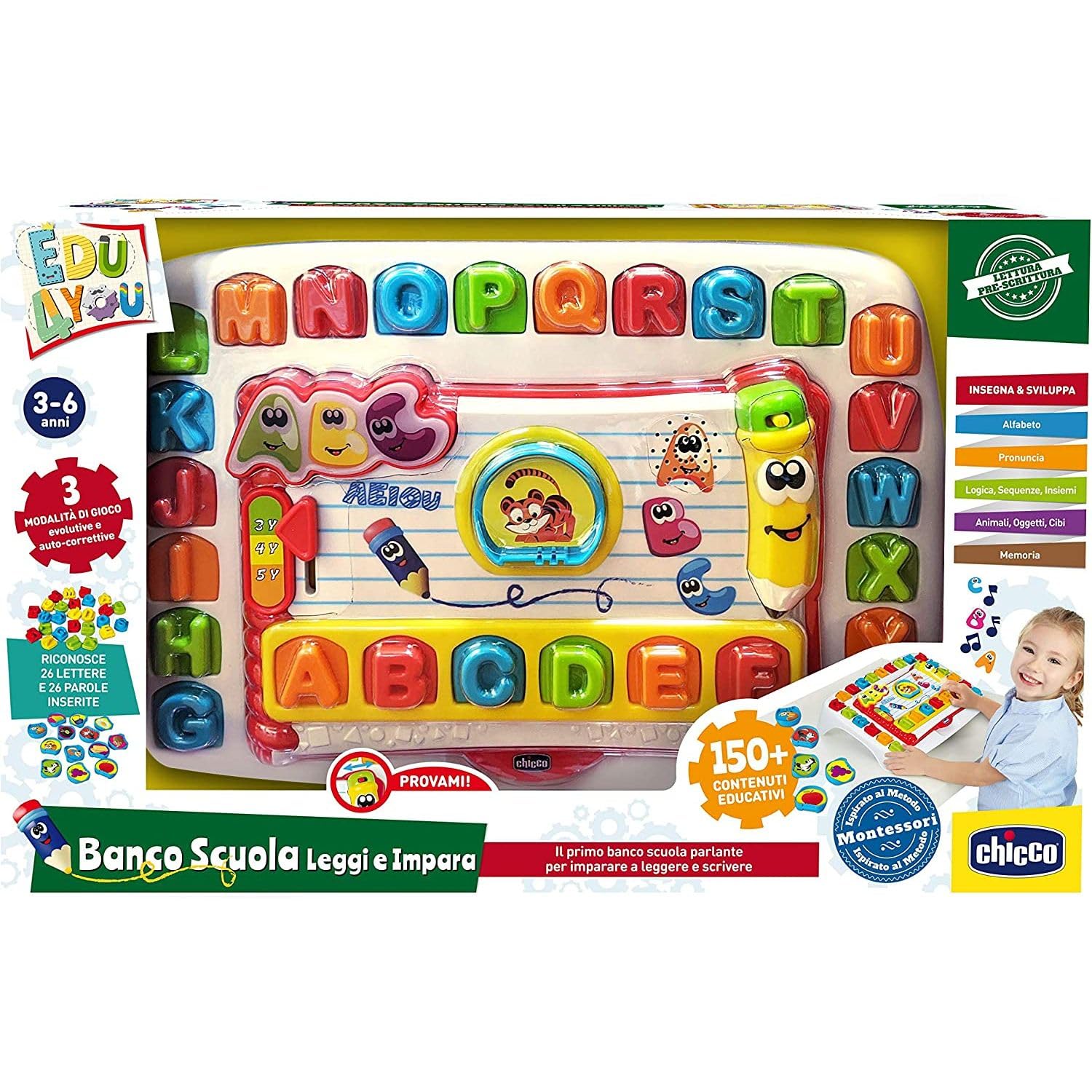 Chicco Banco Scuola Leggi e Impara Edu4You Bambini, Gioco Educativo Evolutivo Elettronico e Parlante per Imparare le Lettere dell'Alfabeto, Ispirato al Metodo Montessori, Giochi per Bambini 3-6 Anni