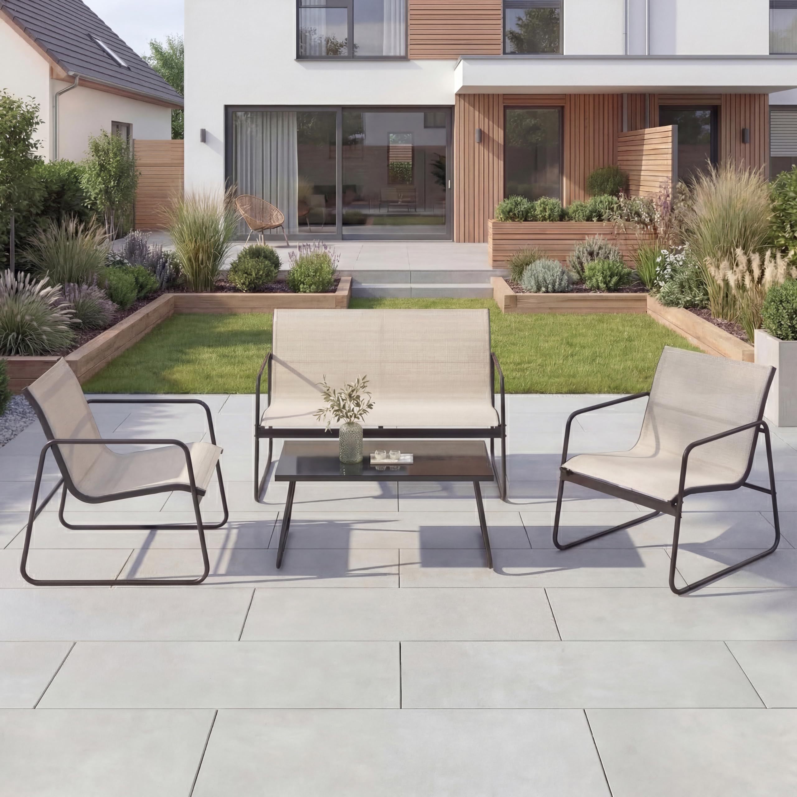Grand patio Gartenmöbel Set 4-TLG, Textilene Balkonmöbel Set mit Tisch, Sofa und 2 Stühlen, Stahl, Sitzgruppefür Garten, Balkon, Außen (Beige)