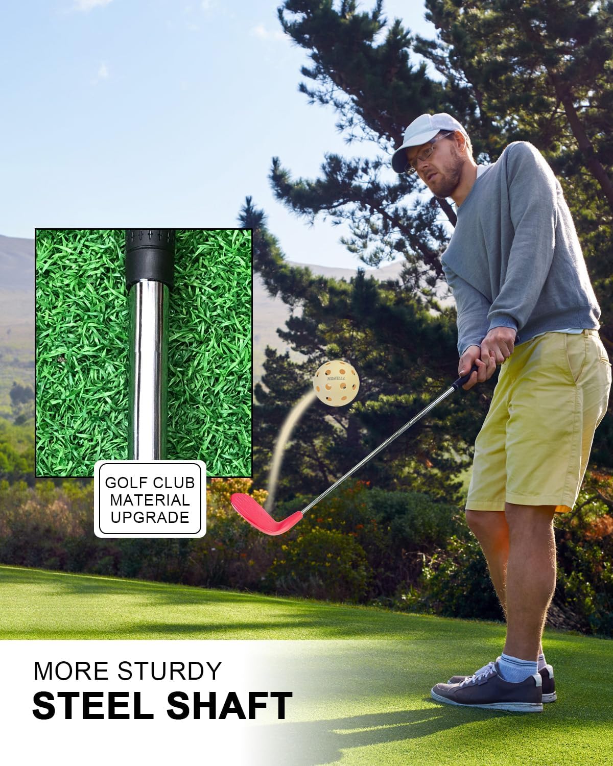 KOFULL Golf Clubs with Oversize Plastic Head, Golf Set with 2 Clubs, Steel Shaft Club for Backyard Yard,for Outdoor Games for Adults and Family, Hit Plastic Foam Balls，36", Red/Gray