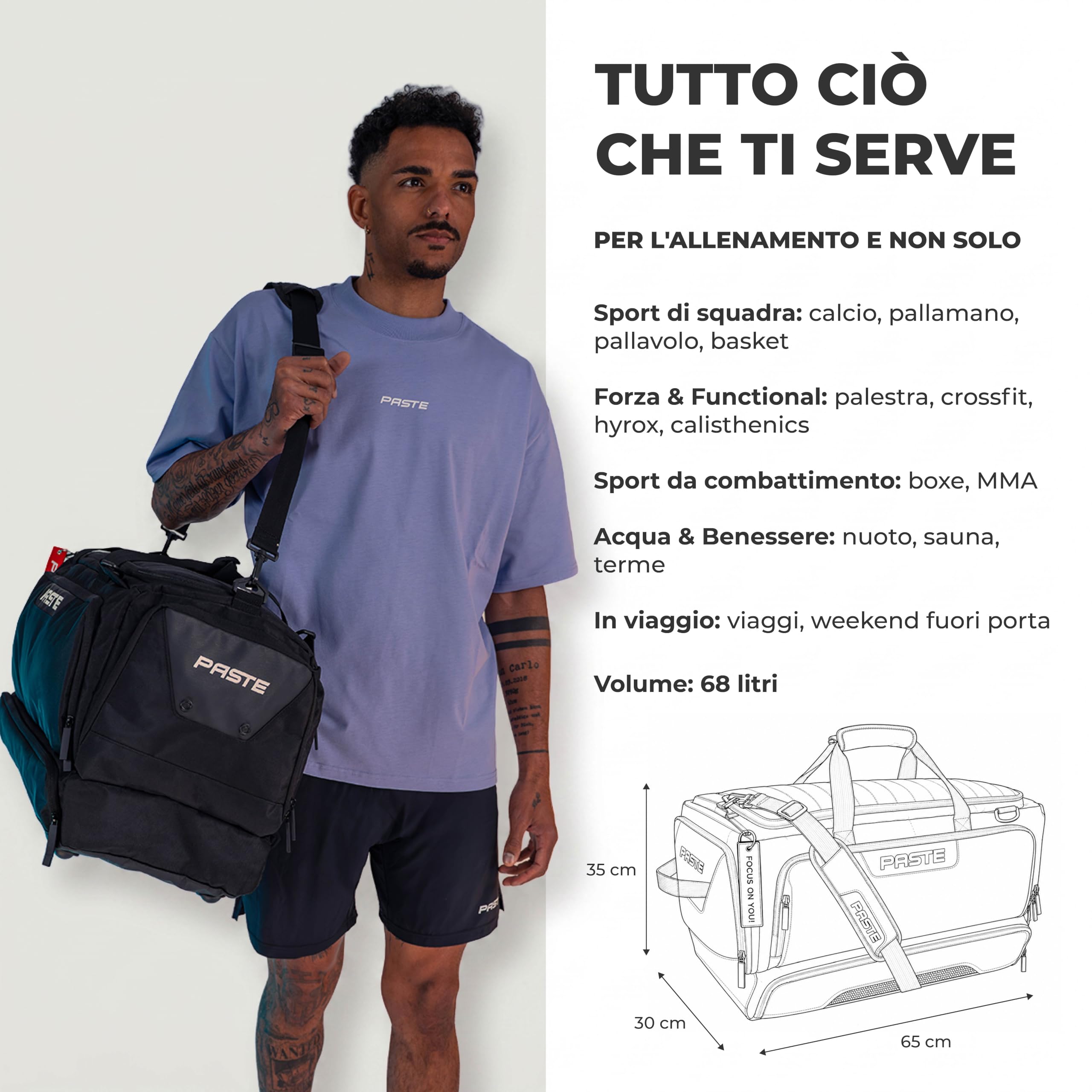 PASTE® - Borsone Palestra 68L Uomo Donna con Funzione Zaino da Viaggio – Scomparto Scarpe, Scomparto Termico & Tasca Umido – Fitness, Crossfit, Calcio, Nuoto – Sacca Sportiva & Gym Bag