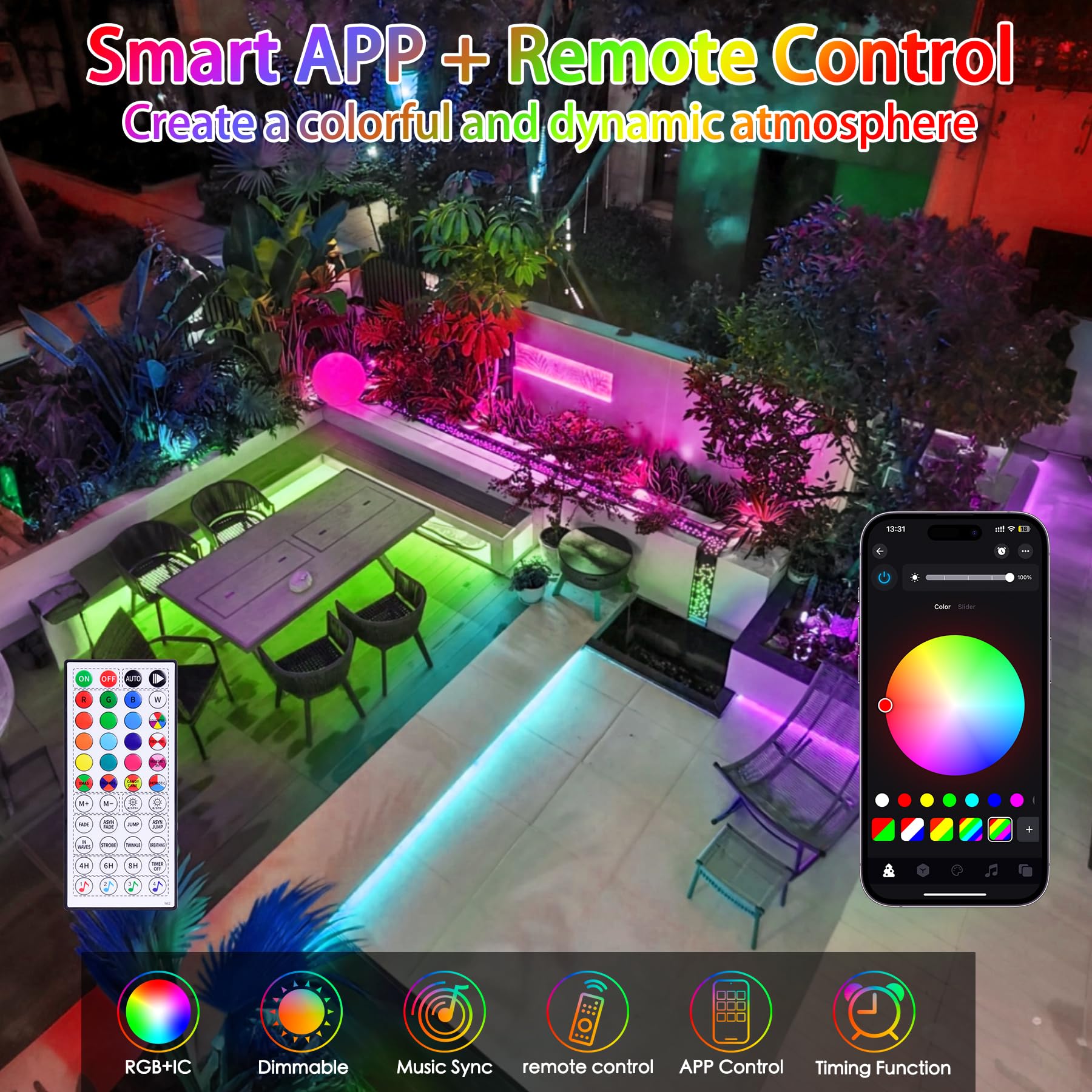 Guirnalda de luces para exteriores que cambian de color, 49 pies, 150 LED, impermeable, con control remoto y aplicación, sincronización de música, iluminación navideña para exteriores