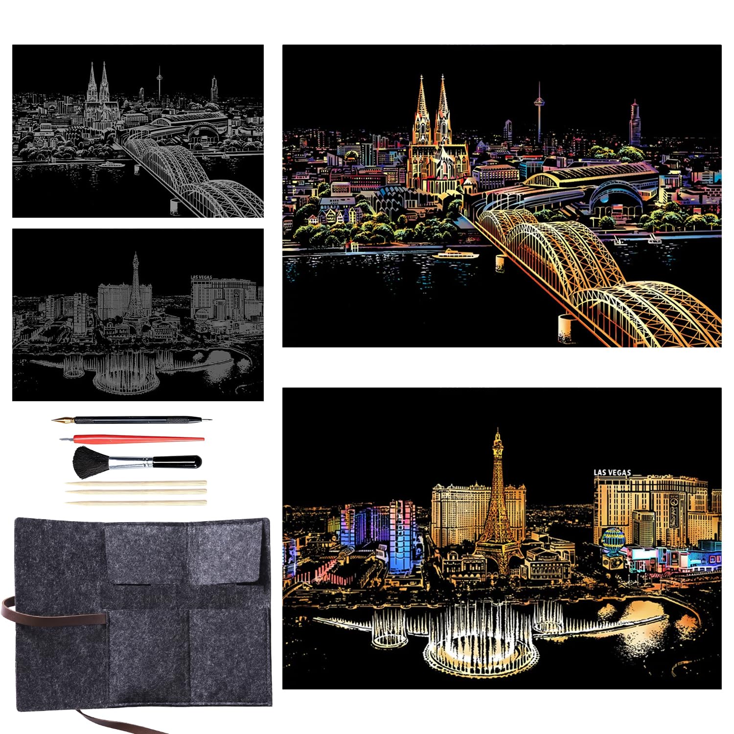 4 Pack Scratch Art Paper for Adults and Kids, DIY City Series Foil Engraving Craft Kit with Tools - City Night View Theme (A3 Size)