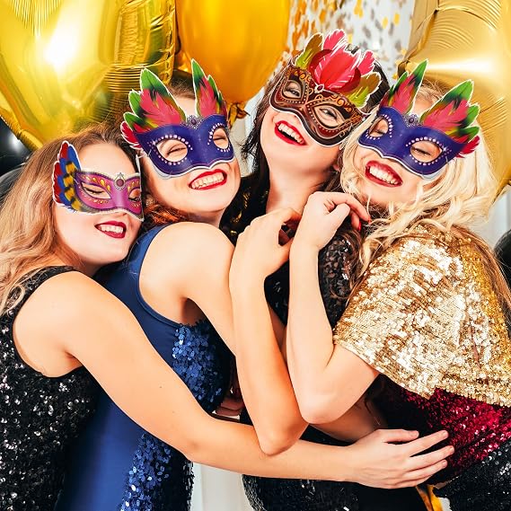 Jerify 48 Pcs Mardi Gras Masks Bulk Paper Carnival Masquerade Feathers Masks Carnival Parade Cosplay Facemask New Orleans Venetian Prom Costume Facemask for Women Adults Costume Party Favors Supplies