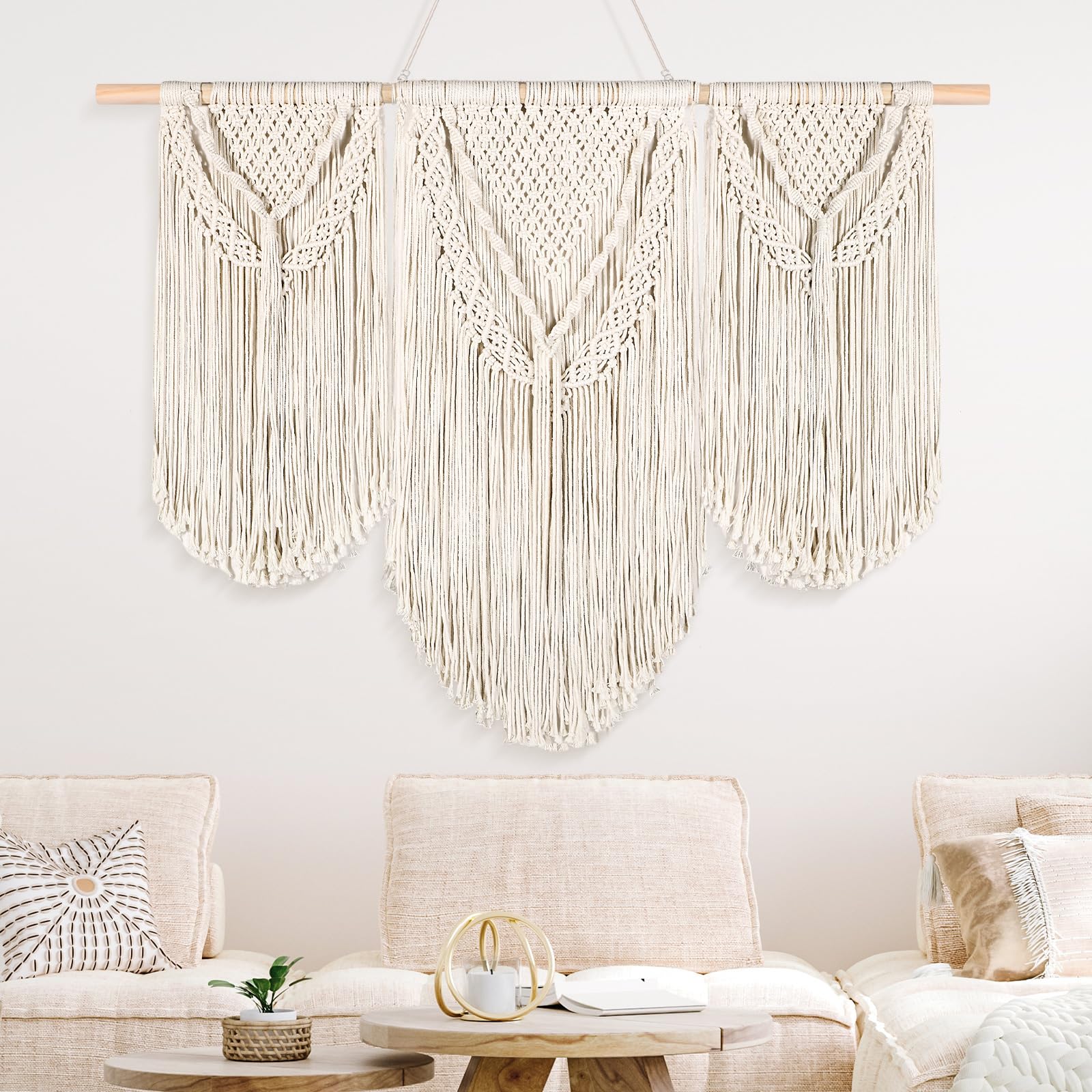 Newwiee 43" x 32" Large Macrame Wall Hanging with Rod Boho Decor Woven Tapestry Wall Art Bohemian Decor Tassel Macrame Curtains for Home Living Room