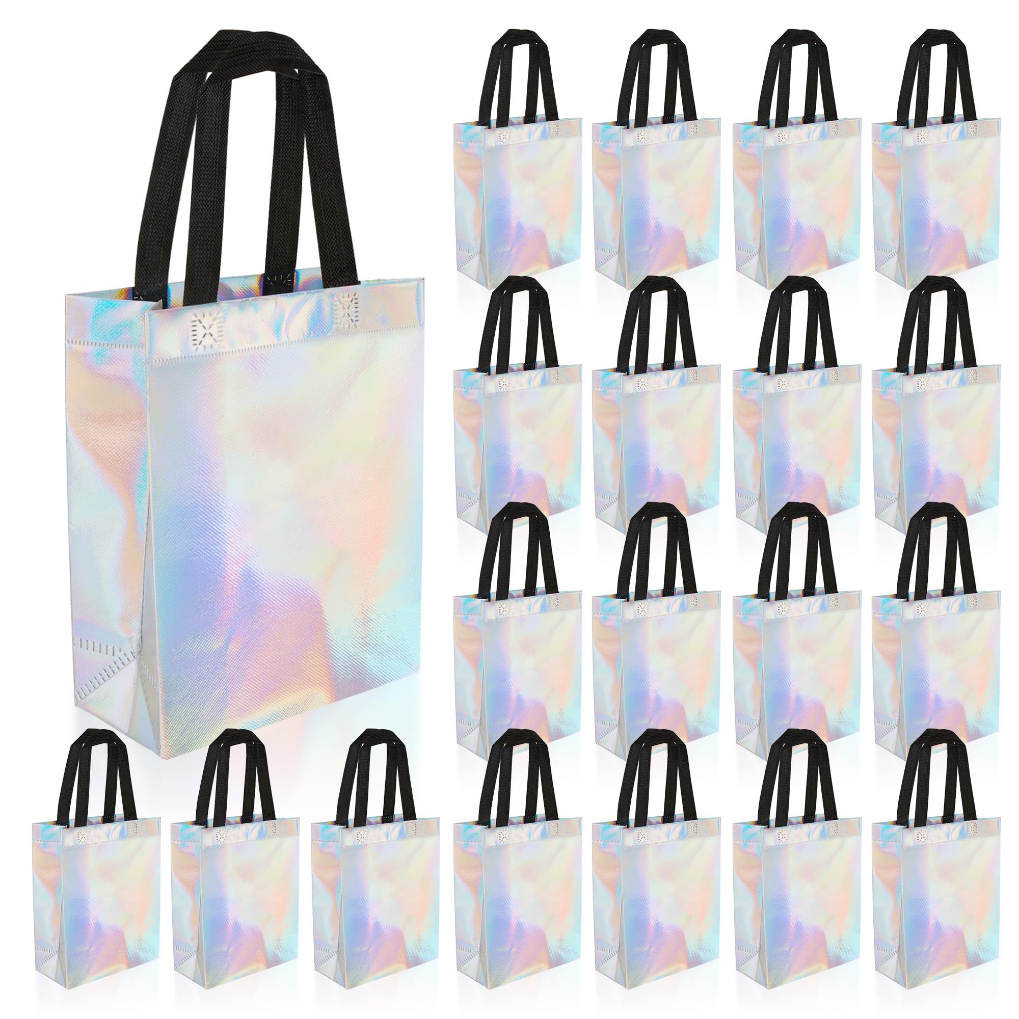 YKUKIZEE 20PCS Glossy Iridescent Party Bags, Iridescent Wedding Gift Bag With Handles, Non-Woven Holographic Party Goodie Bags Bulk for Birthday Favors Holiday