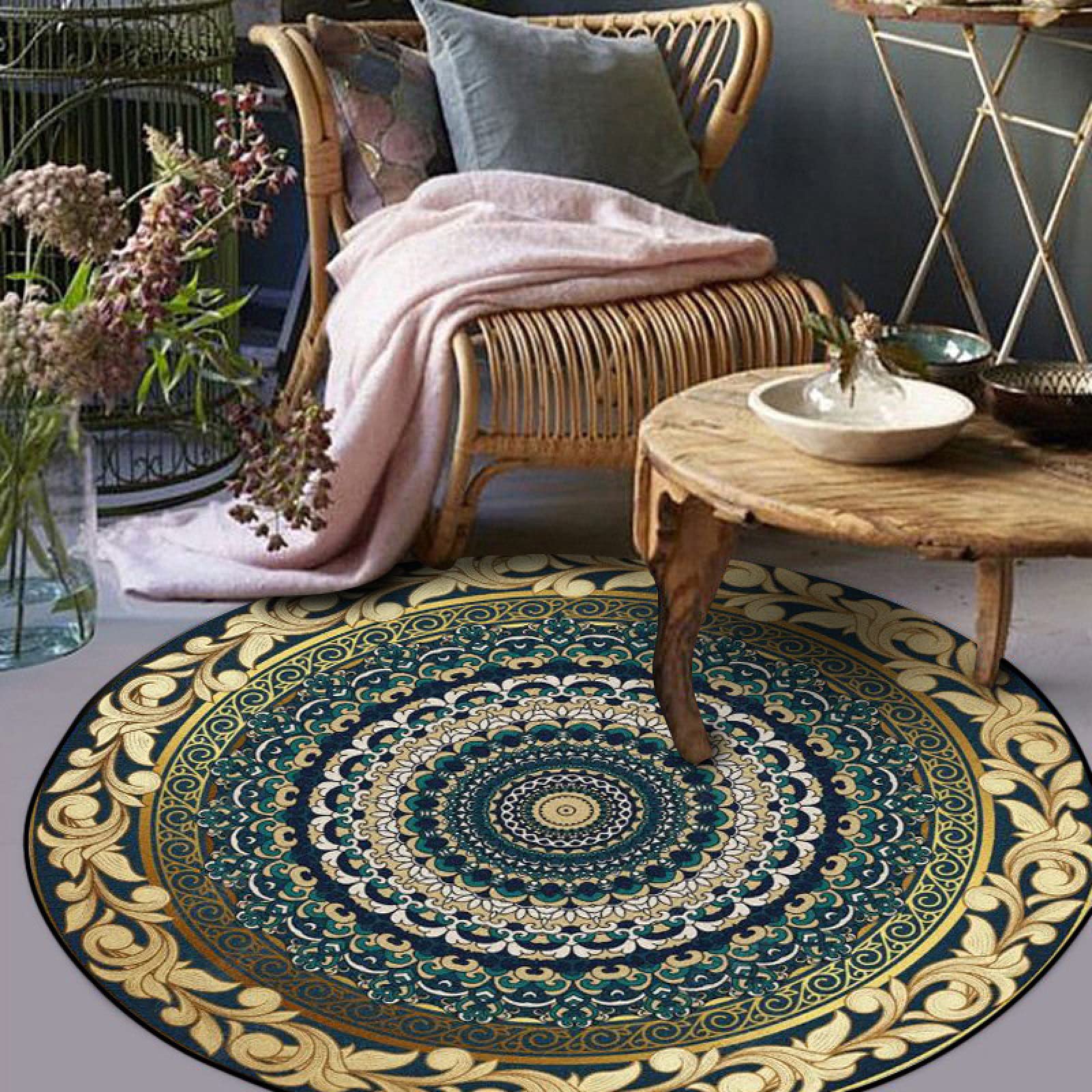 Tapis Rond Doux En Microfibre Vert Et Jaune - Lavable En Machine, Antidérapant, Diamètre 80 Cm