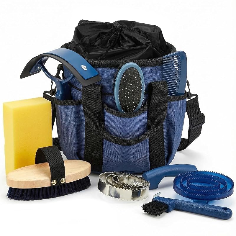 Kit de Higiene e Tosa para Cavalos Cunhill com Bolsa e 9 Peças, Azul-Escuro