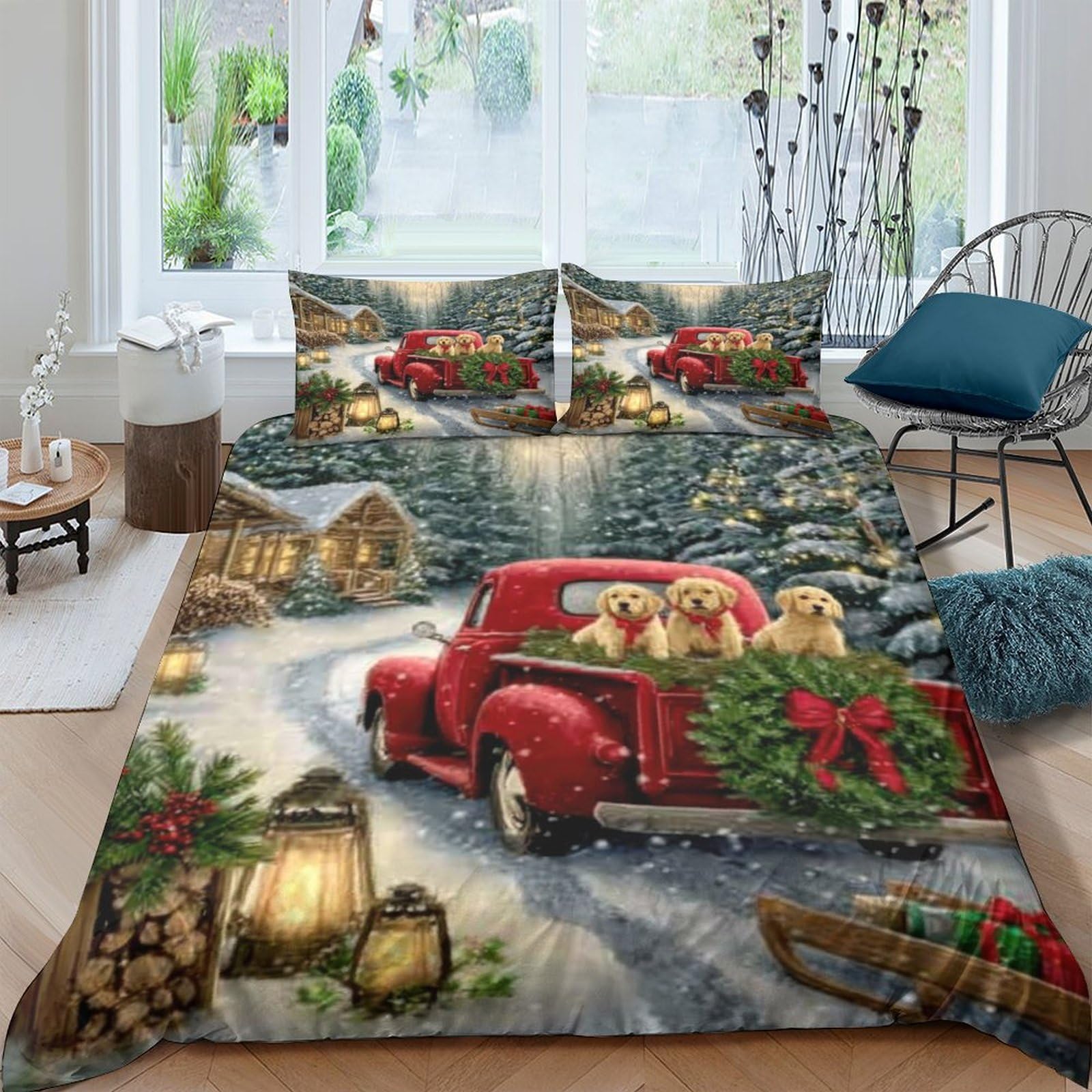 Ctjqhvkz Style-5 3D Printed Christmas Red Truck Fitted Sheet Microfiber Cabin Snow Scene Bed Cover Non Slip Easy Care For Bedroom Single（135X200cm）