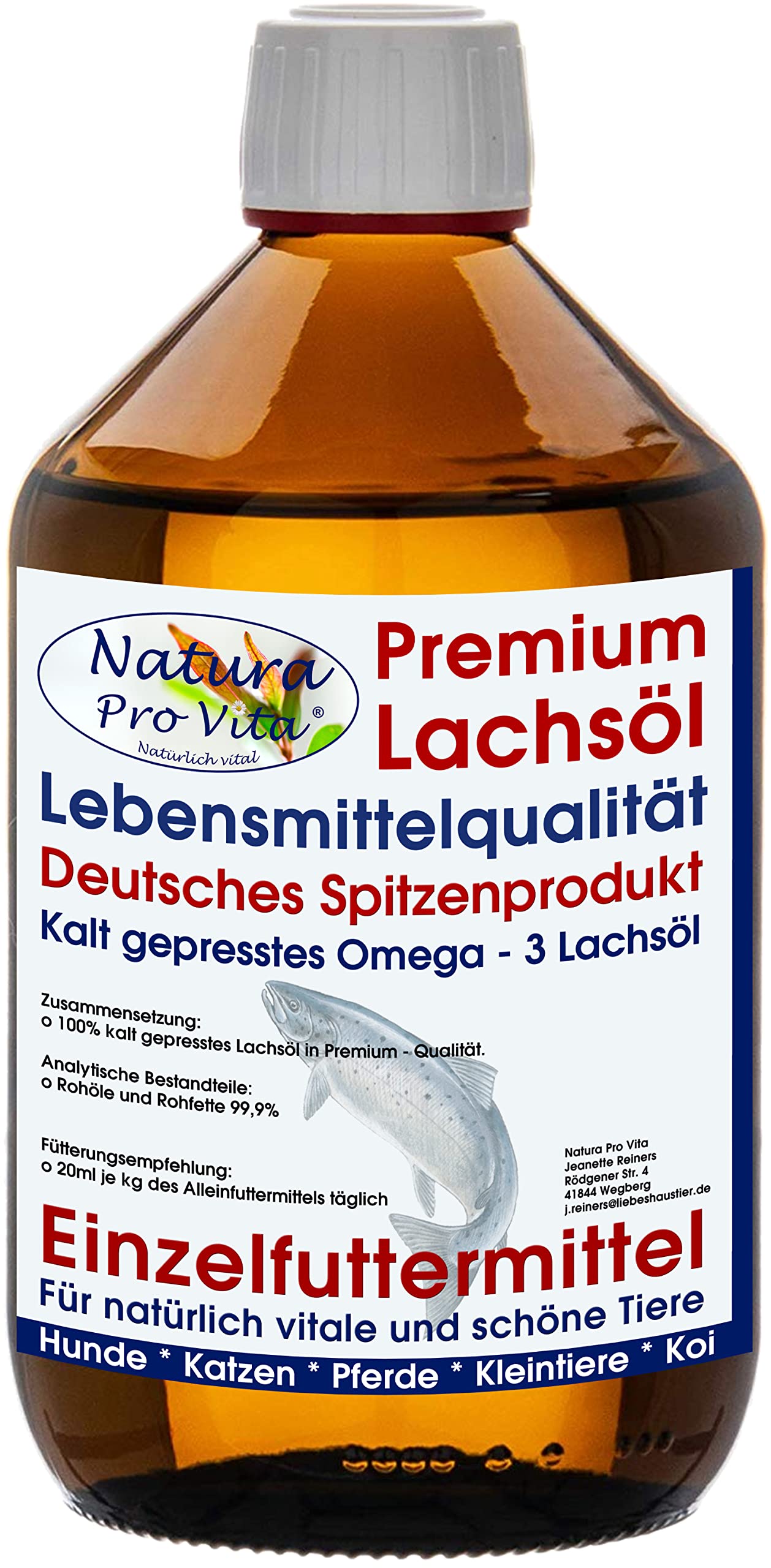 Lachsöl Katzen Lebensmittelqualität kaltgepresst Omega-3-Öl Katzen Natura Pro Vita gut für Haut Fell Immunkraft Fischöl Katzen Barföl 3L Glasflasche (3X 1L)