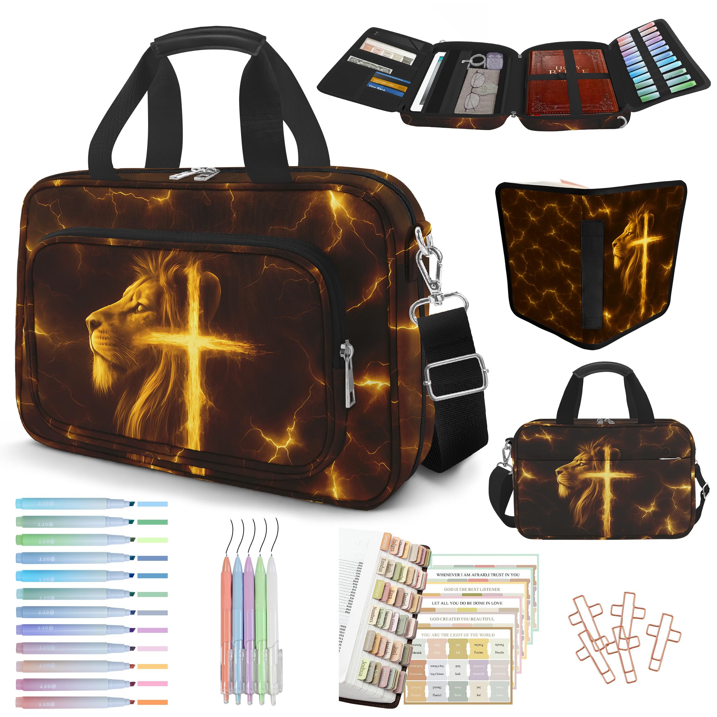 bolimoss Cross Lion Bible Cover with Strap Handle for Boys, Large Bible Carrying Case with Zipper Pockets for Church, Bible Bag with Pens Highlighters Cross Clips Tabs for Men Christian Gifts(Golden)