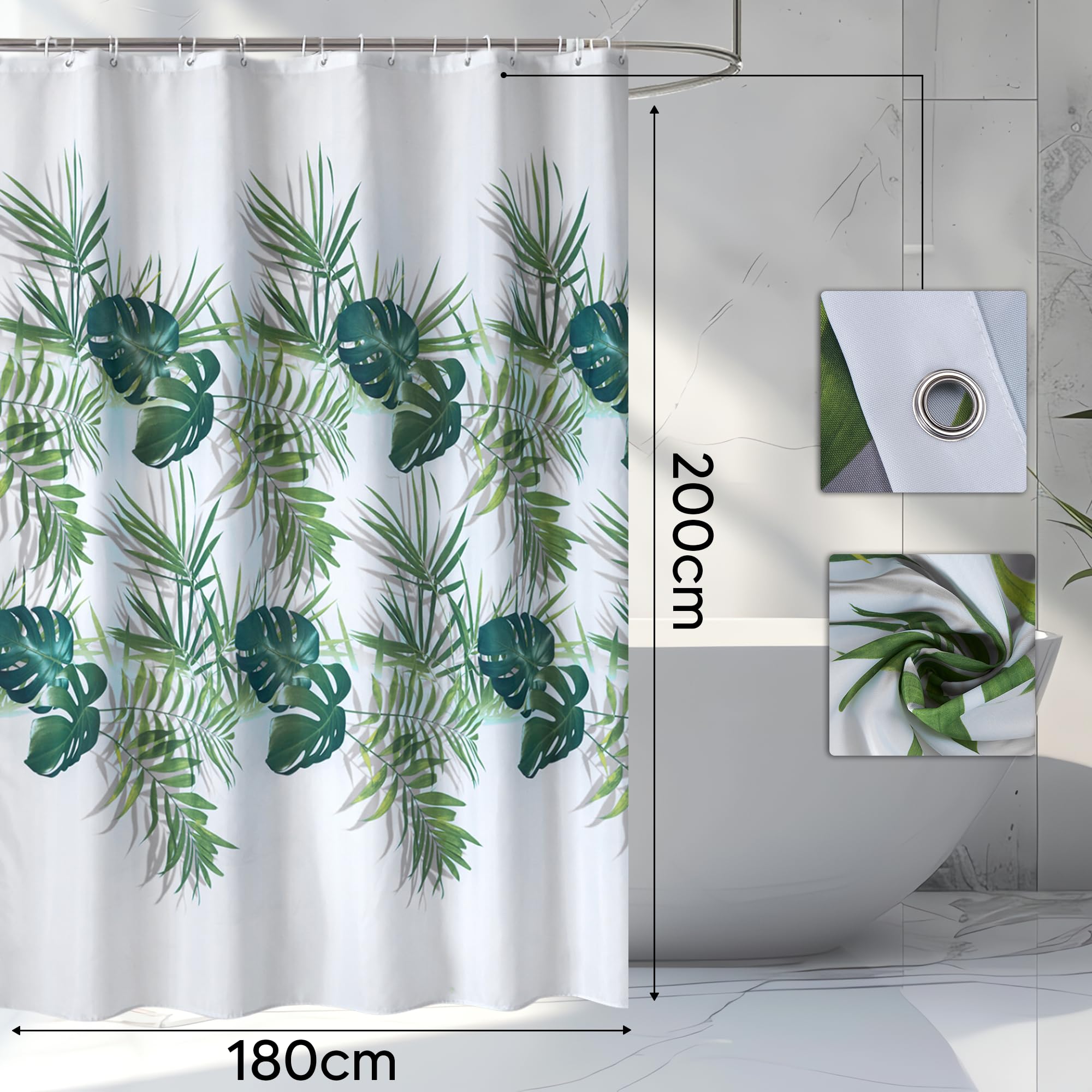 WedDecor Shower Curtains, Waterproof Bath Curtains with Polyester Fabric, Washable Bathroom Curtain with 12 Hooks (180x200cm, Tropical Palm Leaves)
