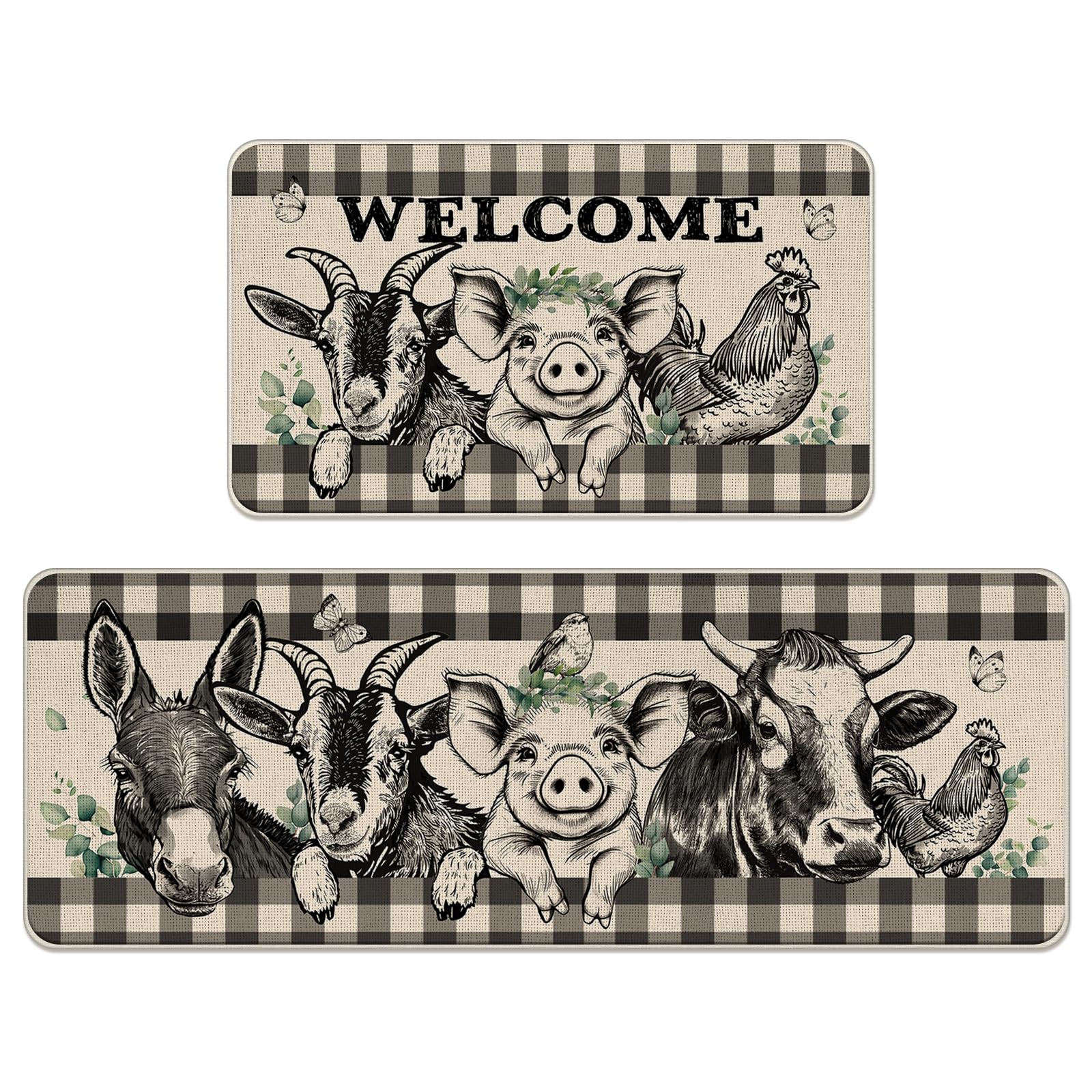 Livcoz Welcome Farm Animals Grey Kitchen Rugs Set of 2, Farmhouse Pig Goat Rooster Highland Cow Horse Floor Mats Home Decor, Gray Plaid Bird Butterfly