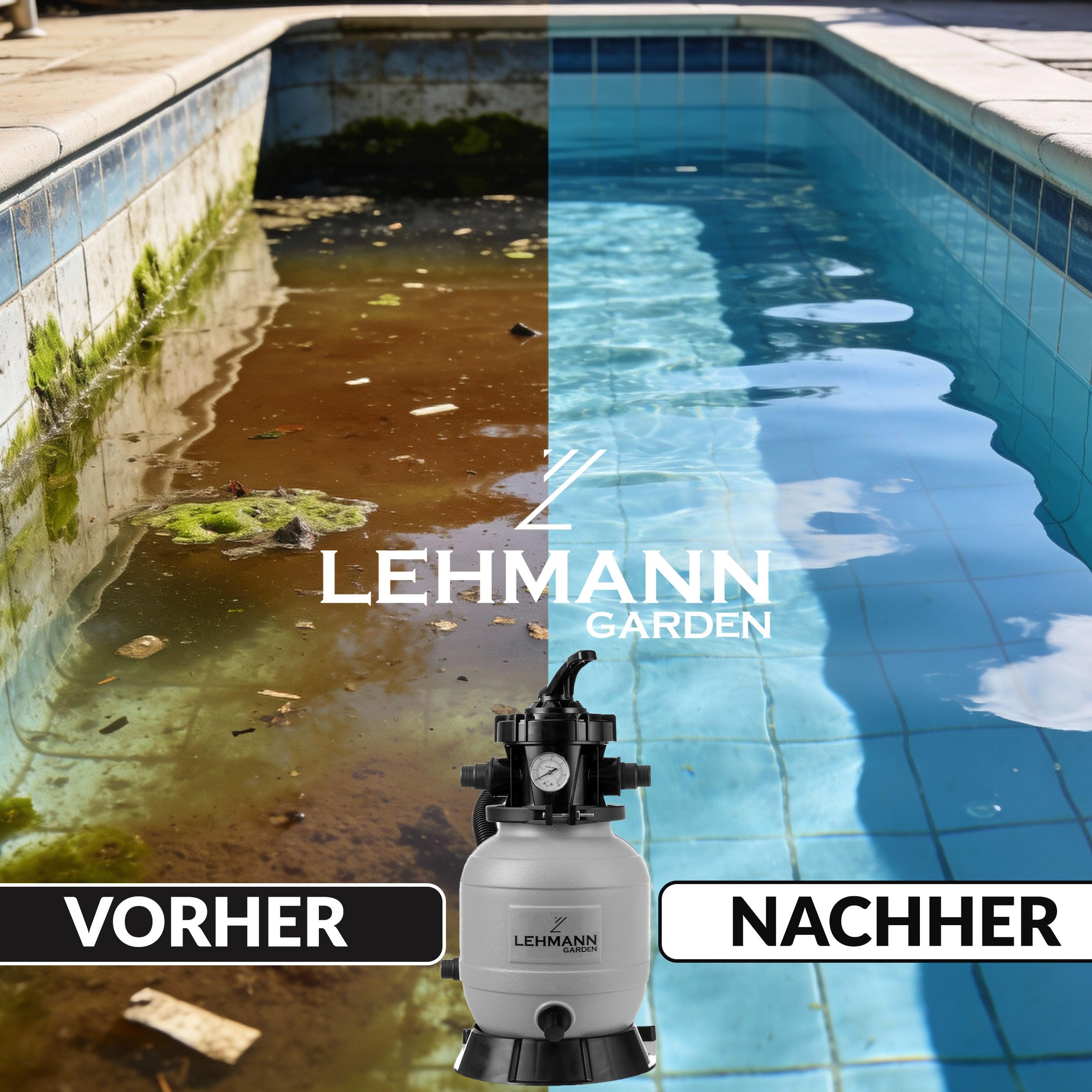 LEHMANN Sandfilteranlage mit Poolpumpe, 8000 L/h, Manometer & 7-Wege-Ventil inkl. Filtern, Rückspülen & Wintermodus, Schutzklasse IPX5, Pool Filteranlage mit Sandfilter für 25.000 L Pools, Grau