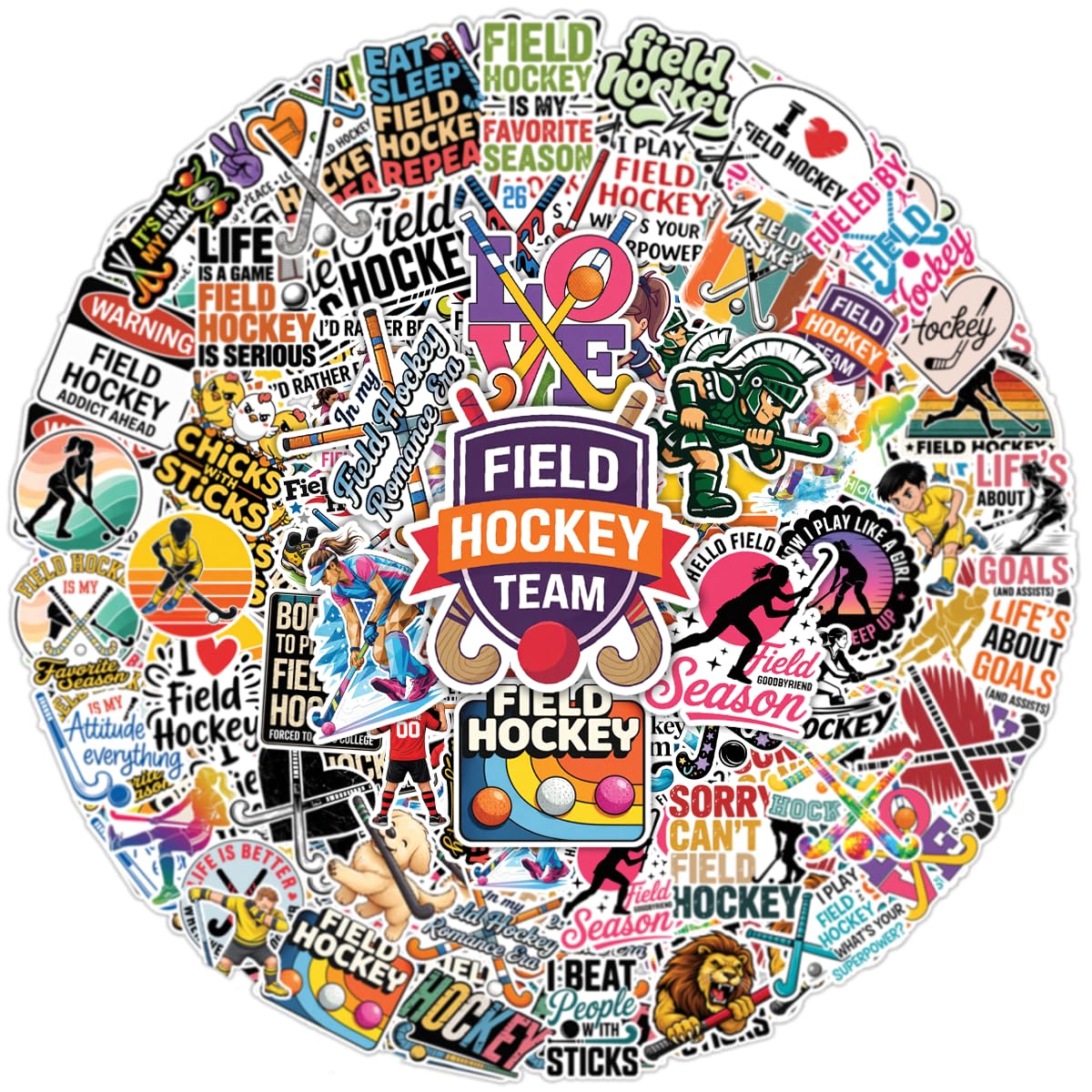 64PCS Field Hockey Stickers – Funny Field Hockey Vinyl Waterproof Stickers for Players, Girls, Laptop, Water Bottle, Scrapbook
