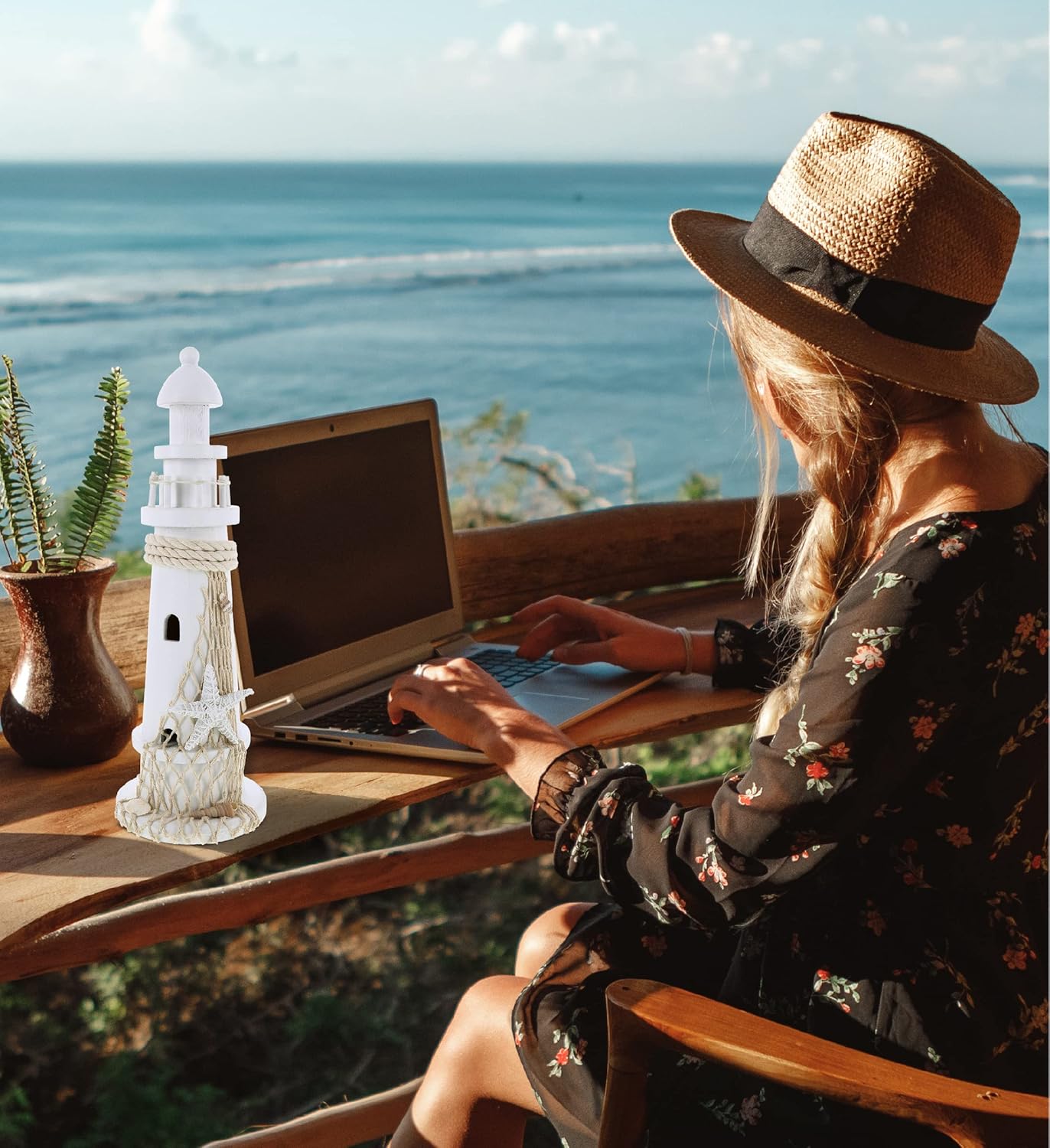 CoTa Global Puzzled White Lighthouse Decor - Handmade and Crafted Wooden Lighthouse Decoration with Starfish, Beach Style Tabletop Centerpiece Home Decor - 14 Inches