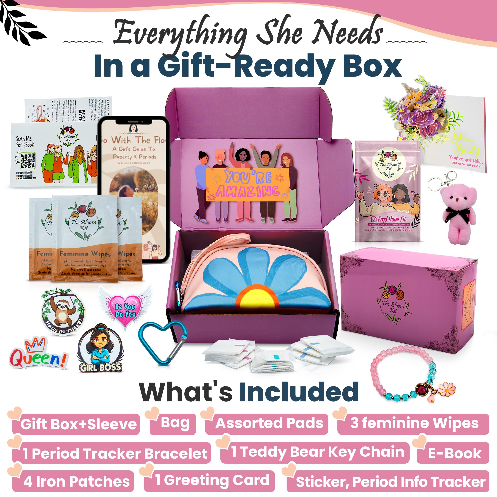 The Bloom Set für die erste Periode für Mädchen 9–10–12–14 für die Schule, Menstruations-Starter-Set, Geschenke für Teenager, Mädchen, inklusive Aufbewahrungstasche für Damenbinden, Pads, Feuchttücher