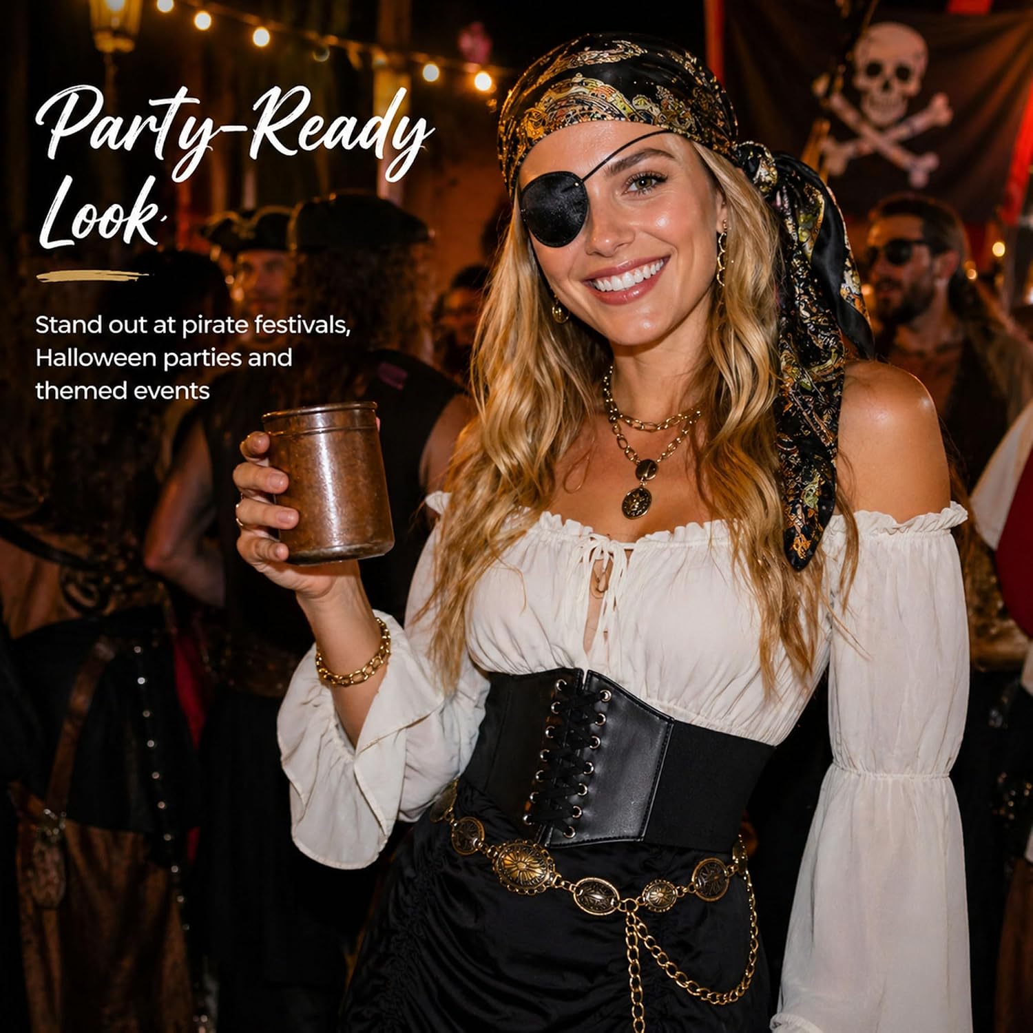 9 PCS Pirate Costume Women Set, Off-Shoulder Top Drawstring Skirt with Corset, Renaissance Halloween Outfit