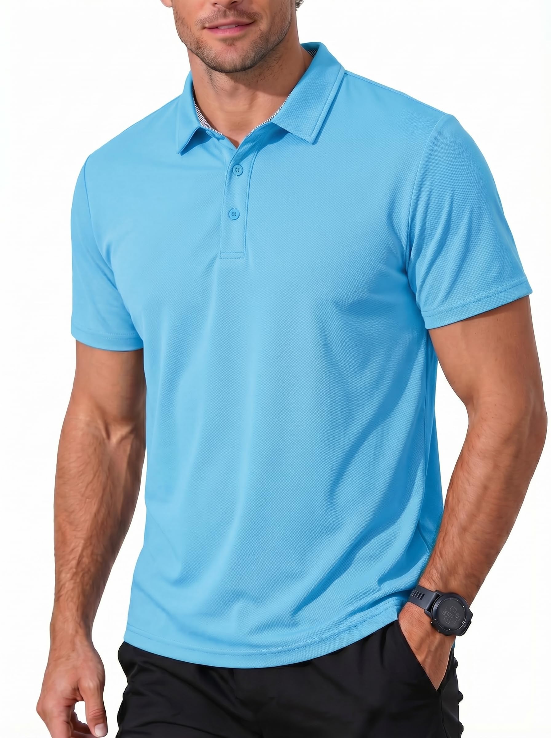KEFITEVD Herren Poloshirt Kurzarm-T-Shirt mit gestreiftem Ausschnitt, unifarben, taschenlos Herren T-Shirt