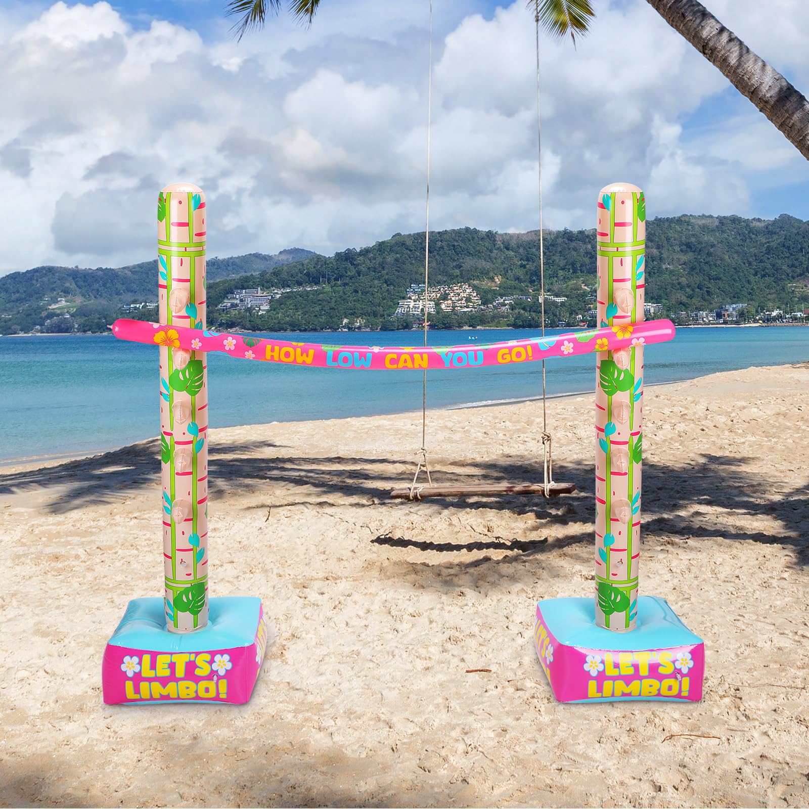 Gioco estivo gonfiabile limbo con foglie di palma, gioco per feste per ragazzi ragazze e adulti divertente decorazione gonfiabile tropicale per interni ed esterni picnic spiaggia piscina