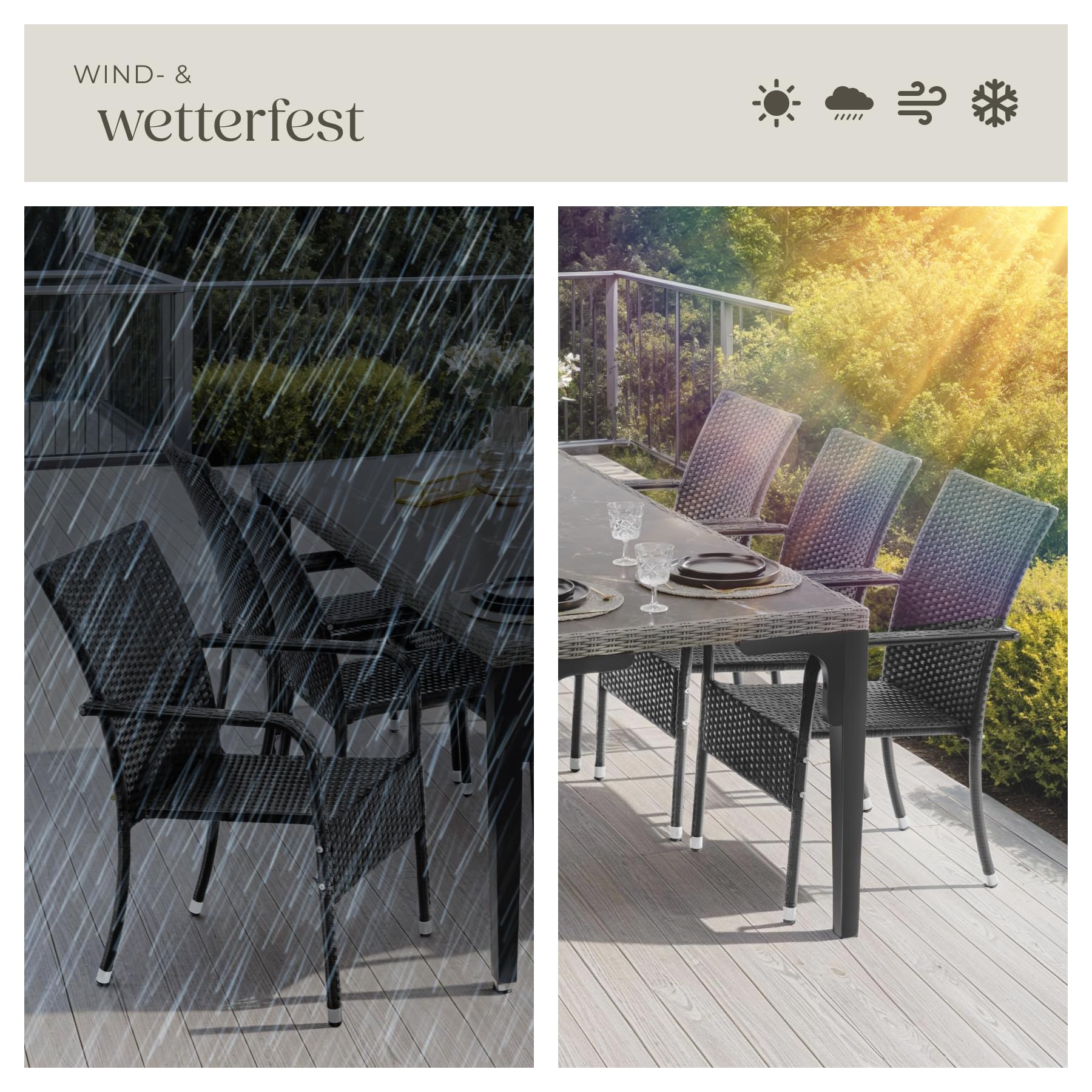tectake® Rattan Stühle Esszimmer Outdoor, Stapelstühle, Gartenmöbel Set, Gartenstühle stapelbar, Outdoor Küche, Terrasse, Wintergarten Möbel, Korbsessel Armlehne, Balkon Set, Terrassenmöbel - 2er Set