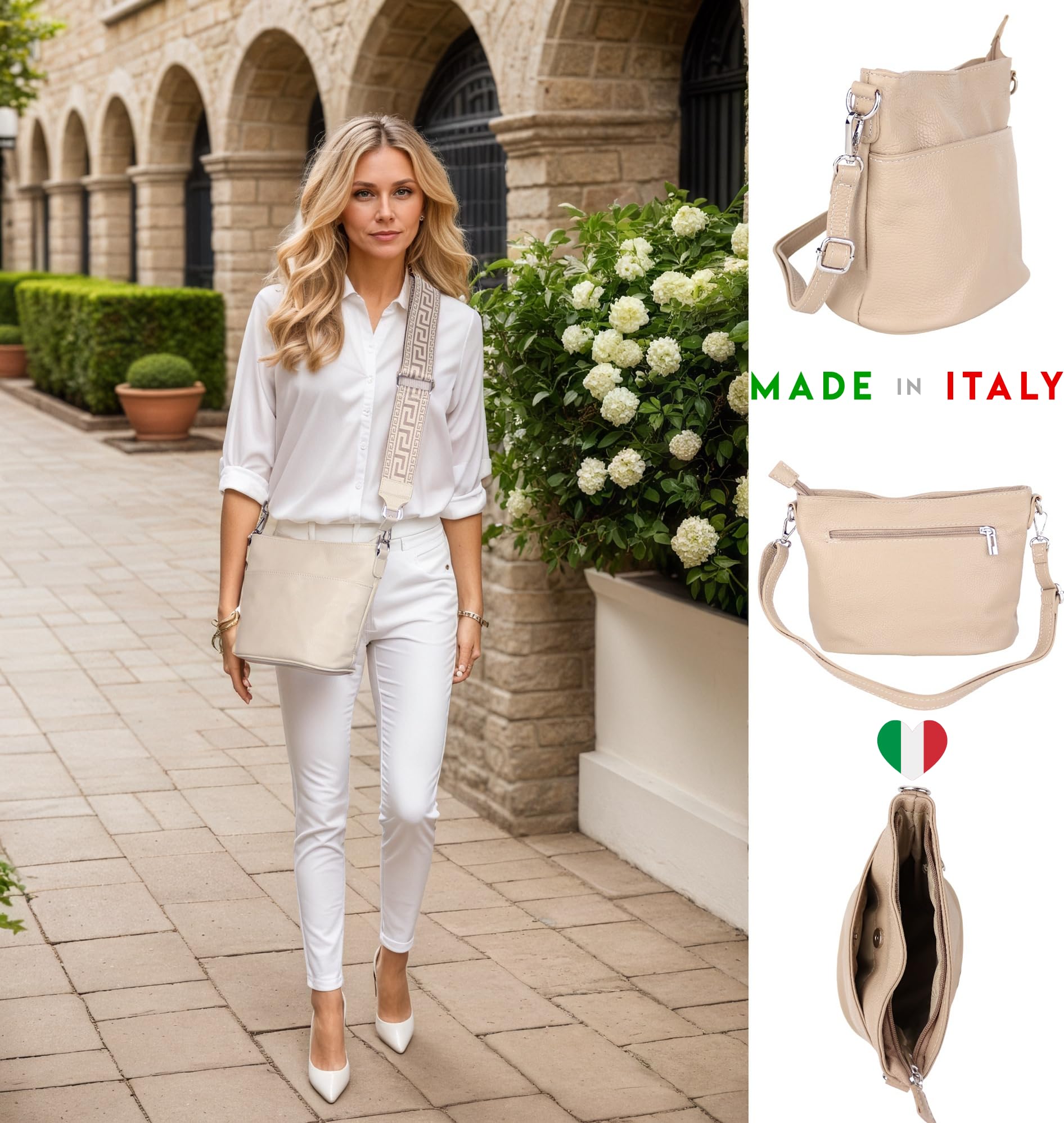 MIRROSI Damen Umhängetasche, Crossbody Bag, Echtleder I Made in Italy (1 Tasche 1 oder 2 Gurt(e)), 24x18x12cm (BXHXT) Mittelgroß