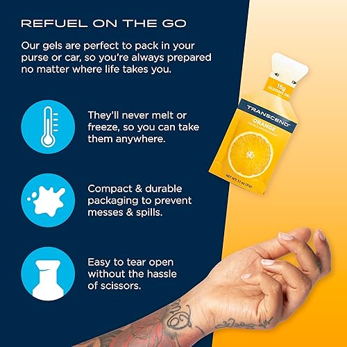 Miniatura 5 de Transcend Foods Gel de naranja (1.1 onzas, paquete de 10) gel de carbohidratos de acción rápida sabor naranja, sin cafeína, sin gluten