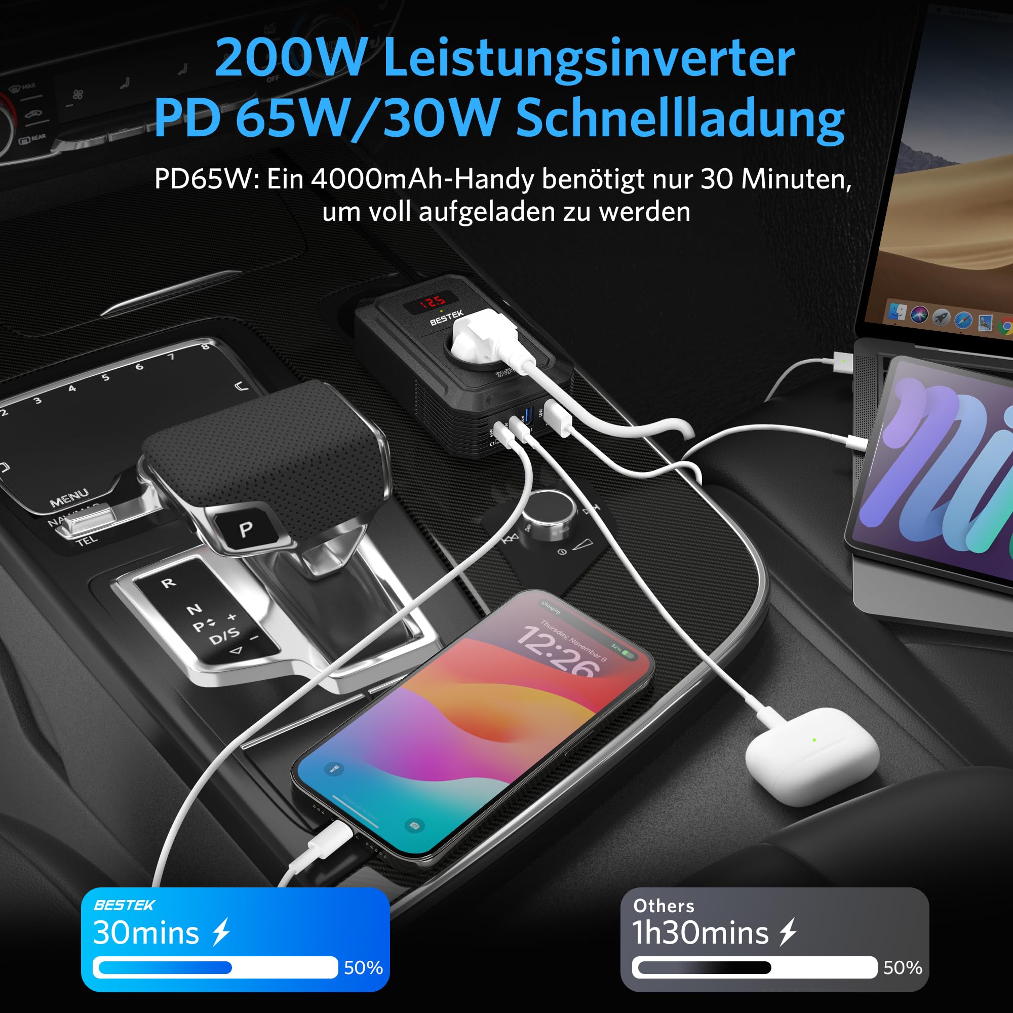 BESTEK 200W Spannungswandler 12 V 230 V 240 V,Wechselrichter 12v auf 230v mit 2 USB QC18-W und 2 USB-C (65 W und 30 W)&1 AC Anschlüssen Zigarettenanzünderstecker,von Laptops,iPhones,und mehr,Schwar