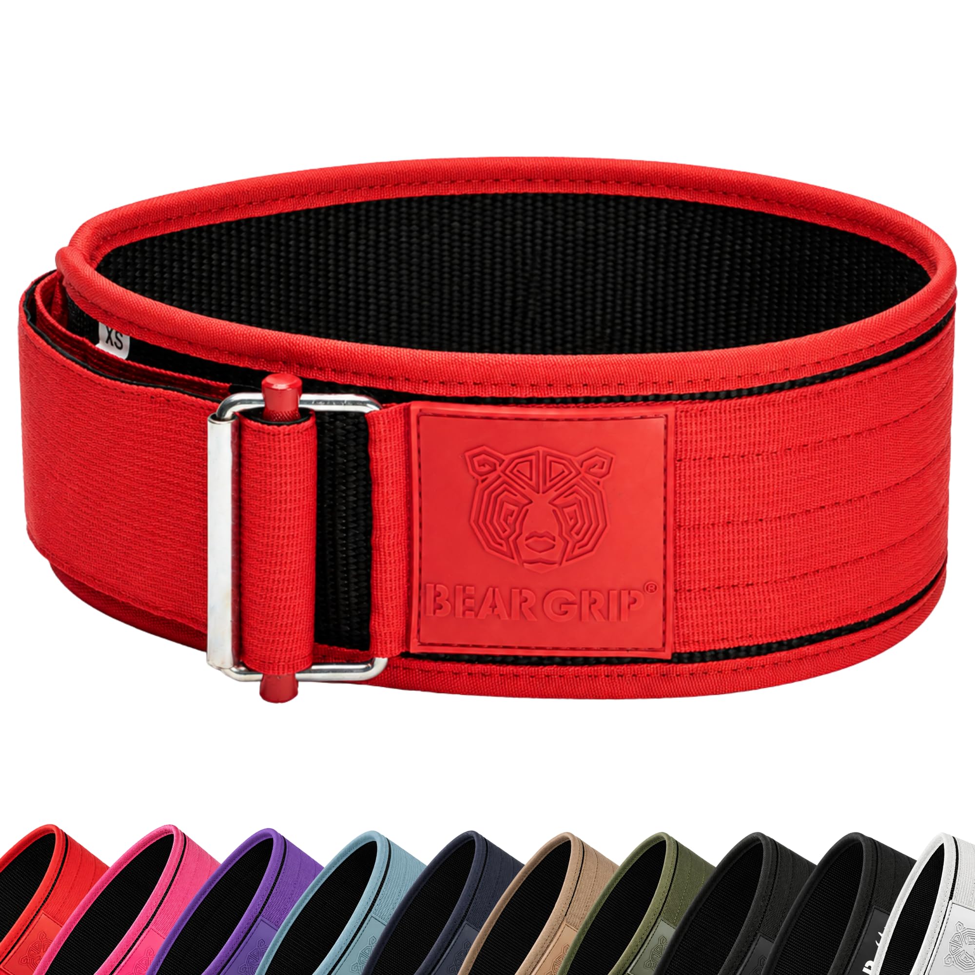 BEAR GRIP - Self-Locking Weight Lifting Belt, Premium Weightlifting Belt for Crossfit, Power Lifting, Bodybuilding, Lifting Belt for Men and Women, Workout Belt for Liftin (Red, L)